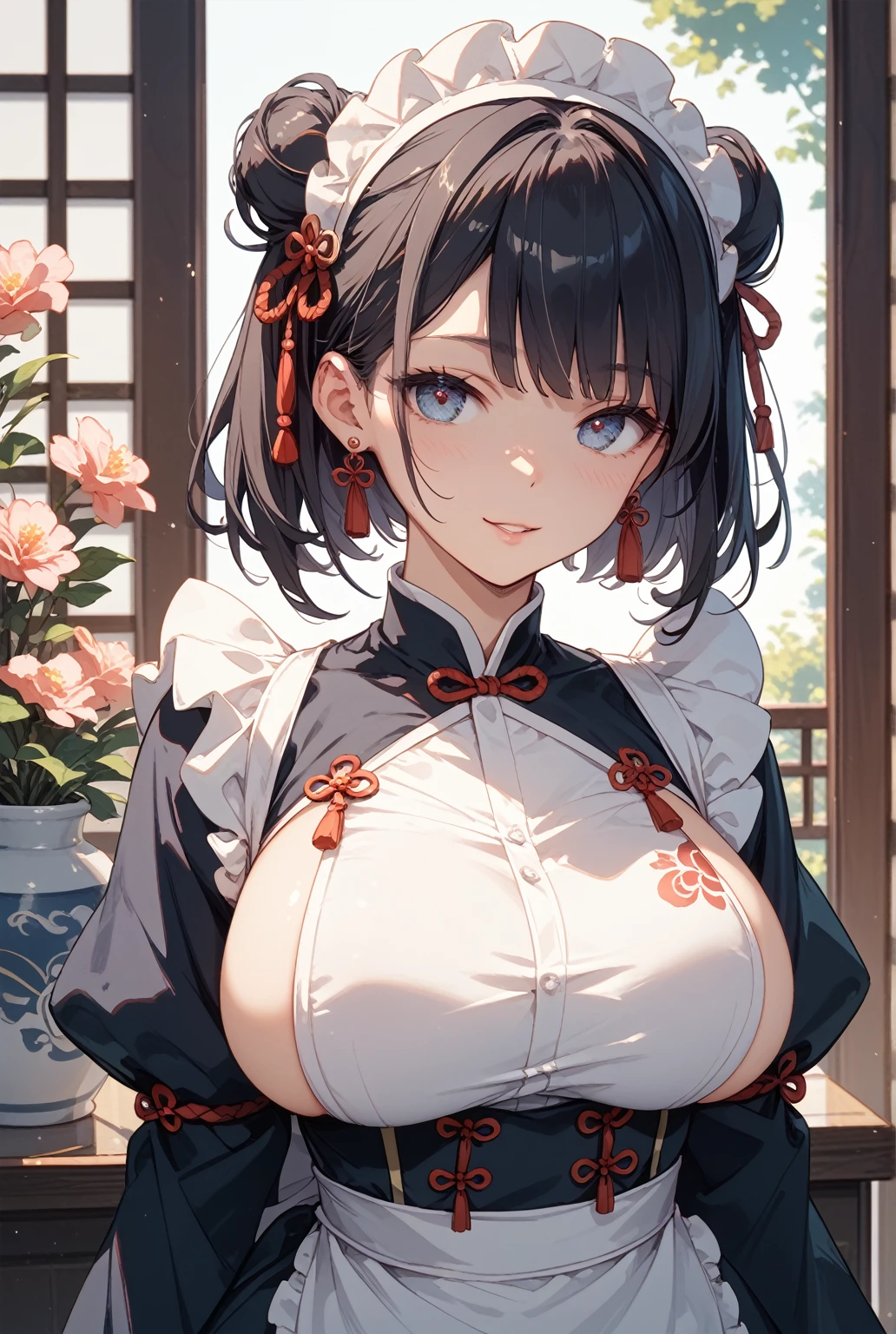 Super huge　Super huge　Super Giant Chest、A dark-haired、Ahoge、braid ponytail、top-quality、Beautuful Women、Beautiful Kyoto background、Beautiful gramophone、smile、