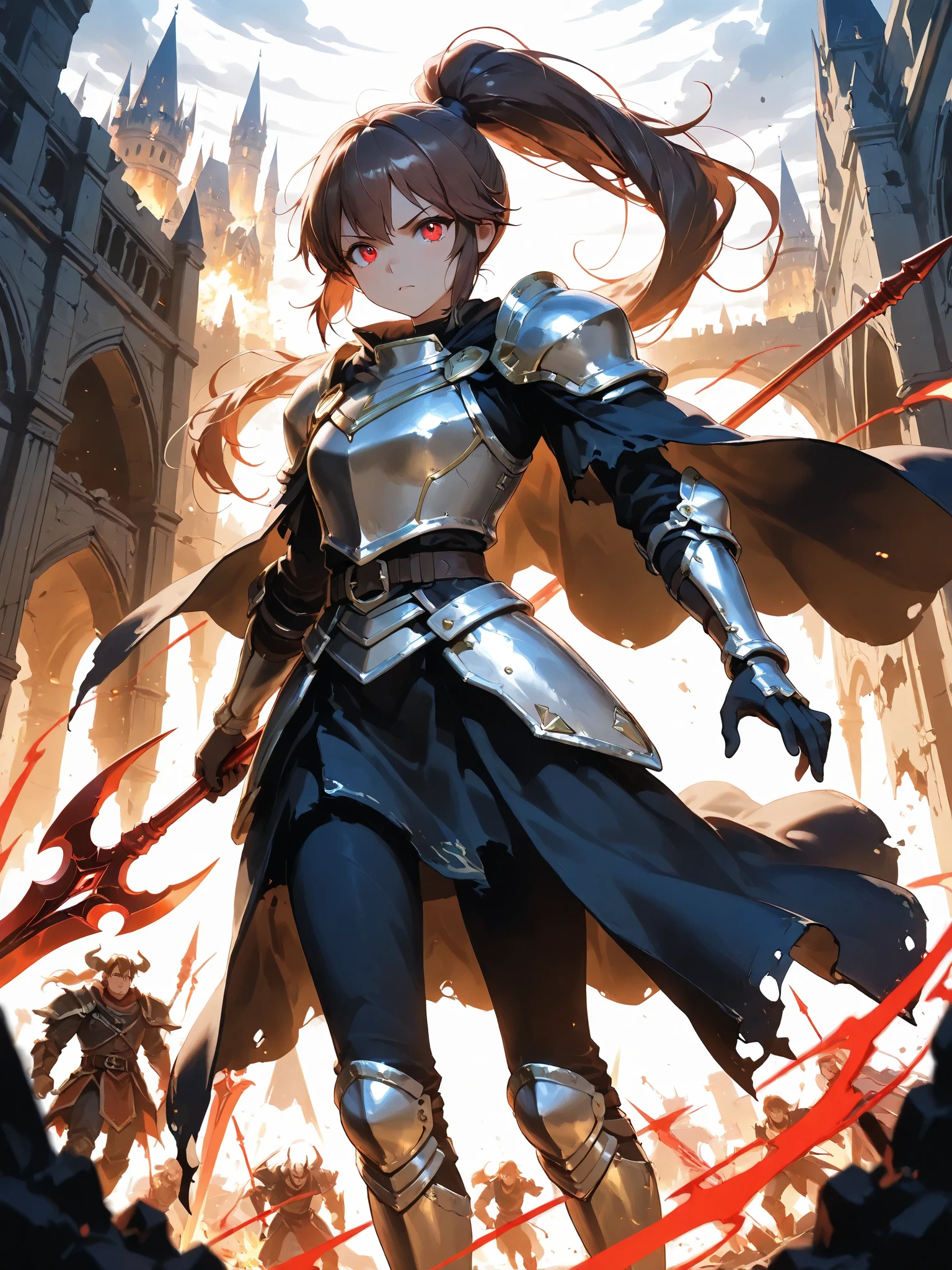 (Masterpiece, Superb Piece, Super Delicate, High Resolution), Female Focus, Little Girl, (Armor Dress), Angry Emoji, (Hands on Hips), (((Solo))), City Ruins, Background Details, Full Body