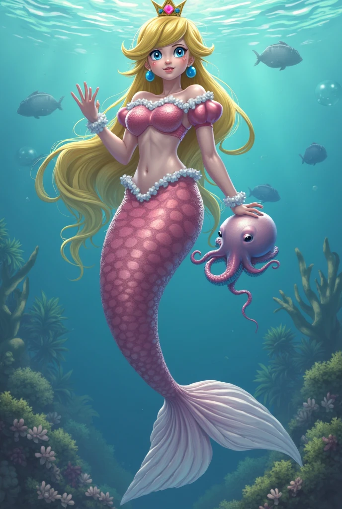 A pink haired female mermaid with violet eyes and an hourglass figure in a pink mermaid style gown is holding a seashell on a beach at night with a big smile