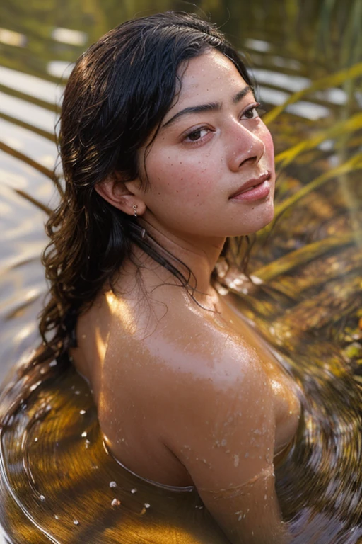 (Artwork, high quality, realistic, Ultra realistic, Remarkably high quality, photorealistic:1.5), pelada, nua, corpo pintado, perfect medium nude breasts, nude, naked, 32DD, (((((Pocahontas, native american. disney princess brown skin disney pocahontas naked, sexy girl, big breast. Sitting in a river. Sensual. sweat runs through her beautiful body. Orgasm face. Placer. realistic ravishing Native American indian 22-year-old female a seductive tribal body paint))))), Sensual, hot photo shoot, sharp focused on, detailed, realistic, high definition, studio lighting, seductive, Attractive, Seductive, Standing facing the viewer with hands to the side, beside outdoors, Forested area, Near grassy area with su8K, Masterpiece, Best quality, Photorealistic, Ultra detailed, 1 girl, Realistic skin texture, Large breasts, sexy provocative malicious happy smile, Looking at viewer, Loose mid-cut t-shirt, under breasts, under breasts, Film lighting, Focus on face, Beautiful eyes, detailed face, well-lit face, sun rays, outdoor cafe in the background, low angle photo, view from below# Immediate production is located on a rooftop in Corona Queens, New York. It's sunset and the sky is full of vibrant colors, creating a stunning backdrop to the scene. The woman strikes a confident pose, exuding elegance and grace. which adds a playful touch to your sophisticated look. The roof glows with the warm city lights and the atmosphere is enhanced by the presence of dazzling neon lights that dot the horizon. The image is of the highest quality, with sharp focus and ultra-detailed features, capturing every nuance of the woman's expression and her surroundings.