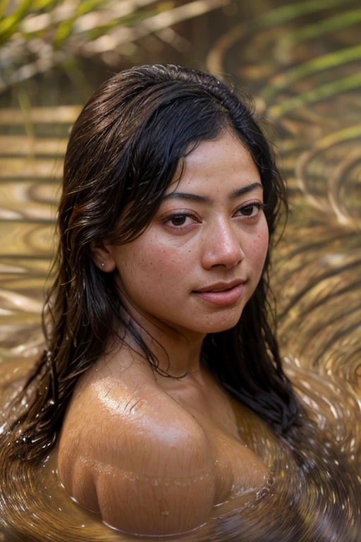 1 Borneo Tribal Girl, Sitting naked in a river bath forest, deep forest, leaf floating in flowing water, Hyper realistic, Lifelike texture, Dramatic Lighting, nikon RAW photo, 8K, Fuji XT3,Citrine Dream Mix, masutepiece, Best Quality, Realistic, Naked, Show , (Photorealistic:1.4), Ultra-detail, extra detailed face, solo, entire body visible, (((Smile:1.2)))