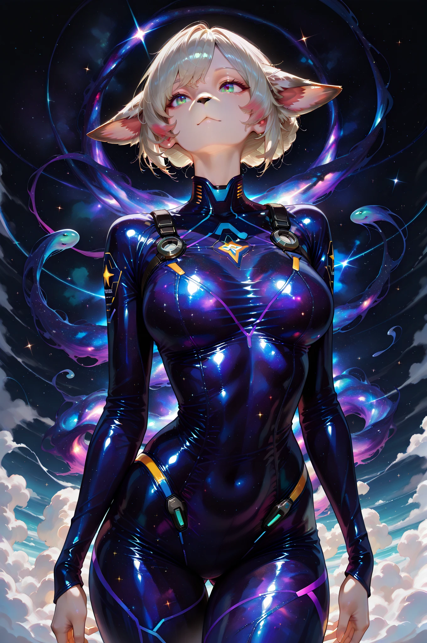 Chaotic maximalist anime illustration of an iridescent purple and black steel tight space suit worn by a woman with pastel blue hair, in the style of dark scarlet and light gold, liquid maximalist-core, use of precious materials, meticulous design, dark sanguine and pink, velvet-red and gold, stunning anime illustration, ray-tracing