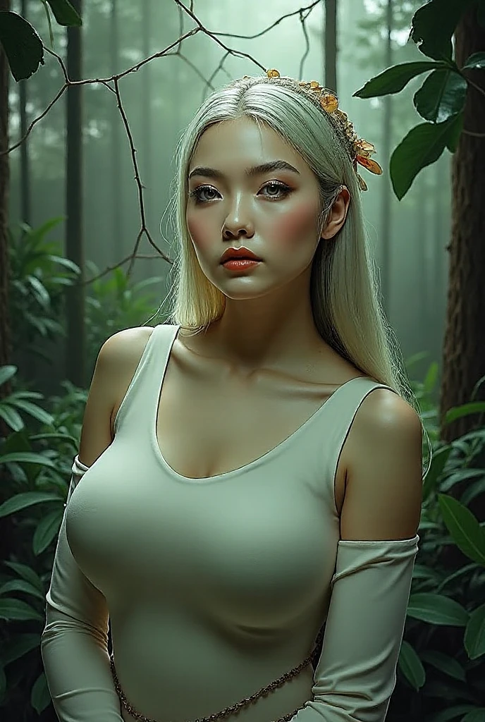 best quality, (((Jing Tian, Jing Tian))), masterpiece, ((platinum hair, White hair, long hair)), ((blue eyes)), (((180cm))), looking to viewer, hairline, ((porcelain white skin, white skin, white skin, wet skin, wet skin)), ((top-quality,​masterpiece:1.3,超A high resolution,),(Ultra-detail,Caustics),(Photorealsitic:1.4,RAW shooting,)Ultra-realistic capture,A highly detailed,High resolution 16K human skin closeup。 Skin texture is natural、,The pores are、Must be detailed enough to be easy to identify。 Skin should look healthy with even tones。 Use natural light and color)), 8k, hot, sexly, big, ((180cm)), (((wide ????, (heart-shaped))), curved body, full bodyesbian, thick thighs, perfect body, full viewing angle, perfect body, (((???????, ???????????????, without ?????????, remove clothes, ???? sexly)), (((pubic hair, pubic hair))), perfect lower hip, perfect high hip, perfect ???????, perfect ?????, Perfect ??????, ????????????, perfect ???????, perfect ???????, pose, ((catwalk, forest))
