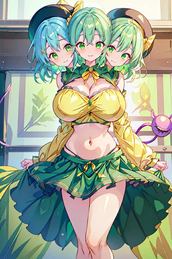 (masterpiece, best quality), best quality, (ultra-detailed), (3heads:1.5), 1girl, (daiyousei:1.3), masterpiece, best quality, ultra quality, ultra resolution, blue top, crop top, ((stomach)), midriff, ((groin)), blue skirt, normal ears, shackles, green hair, very long hair, wavy hair, sidelocks, yellow eyes, parted lips, single horn, sweat, cute, toned belly, hand on own chest, eyelashes, (23 year old woman:1.3), (masterpiece:1.5), (best quality:1.5), (beautiful detailed), extremely detailed CG, extremely delicate and beautiful, depth of field, (finely detailed face), (perfect details:1.2), (mature female:1.3), wide pelvis, slender, large veiny breast, 16k resolution, highres, high quality, high definition, extremely detailed, masterpiece, best quality, green hair, long hair, alluring presence, braid, short skirt, close up, big tits, young, fairy wings, yellow ribbon, side ponytail, nsfw, open belly,