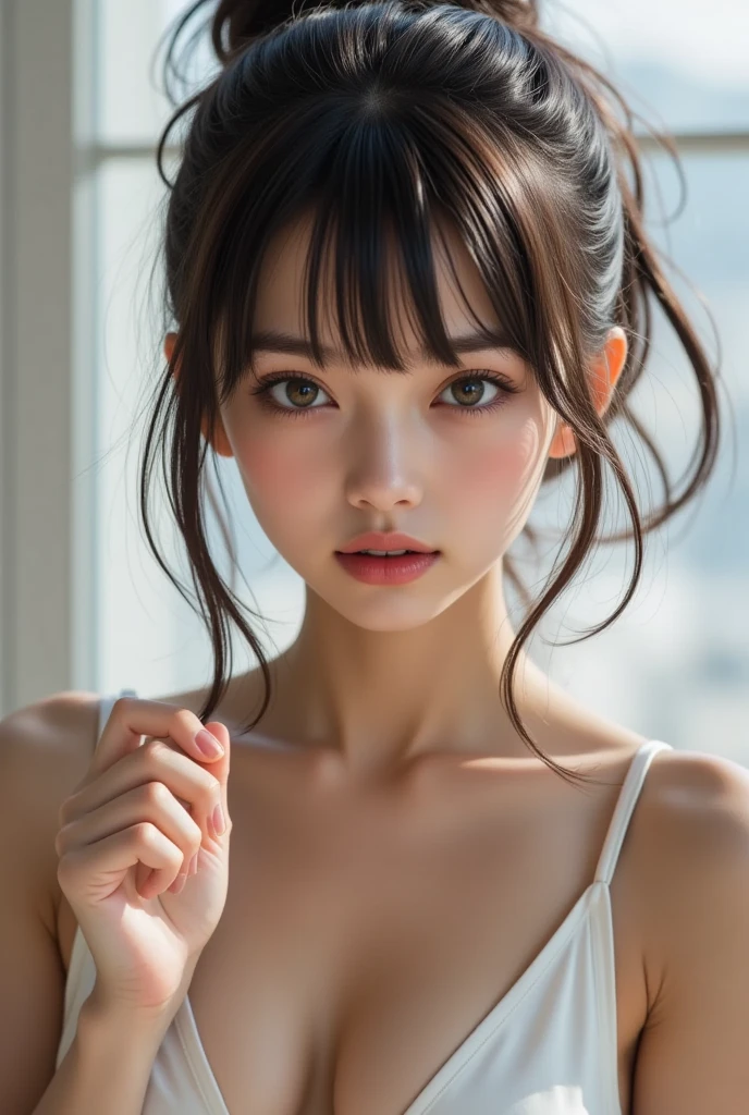 (Raw photography、top-quality)、(realisitic、Photorealsitic:1.3)、top-quality、masterpiece、extremely delicate and beautiful、A highly detailed、nffsw、A sense of unity、2k wallpaper、magnifica、Beautiful in every detail、masterpiece、浅笑、top-quality、Highly detailed ticker Unity 8K wallpapers、huge filesize、ultra-detailliert、hight resolution、ighly detailed、Female 1 Person、Slim body、D-cups、(Black Leotard Top:0.7)、(Pink skirt:1.2)、(Bun hair)、(brown haired)、Look at the front、Sharp Focus、Face Close-up、pureerosface_v1:0.8 Short Hair