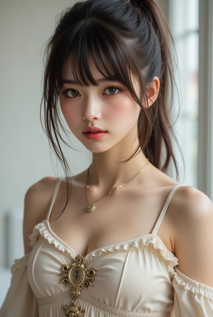 (1 nogizaka girl,raw photo,photo realistic:1.5),(best quality, high quality,HDR, highest quality,ultra high resolution,high resolution,high res,ultra high difinition,huge file size,8K,2K wallpaper,8K wallpaper,high quality texture,amazing,an extremely delicate:1.4),one girl, Japanese famous idol,beautiful face,small face,absurd,ridiculous,incredibly ridiculous,blurry background,(T-shirt,cleavage,no makeup:1.2),medium skin,beautiful skin,detailed skin,black hair,silky hair,(Japanese eyes:1.3),detailed eyes,black eyes,Japanese idol eyes,triangle eyes,Japanese nose,5-fingers,(Light Particles, Lens Flare, Luminous Particles: 0.7),looking at viewer,bright lighting,professional lighting,girl
