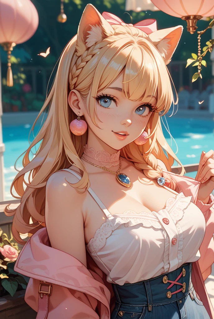 absurderes, ultra-detailliert,bright colour,(8K:1.5),masuter piece,extremely beautiful detailed face and eyes,(Cat personification:1.3)、(Deep Blue Eyes:1.4) Valley、Pink skin、Summer morning、Back alley、Pose with sitting,(Too cute smile:1.3)