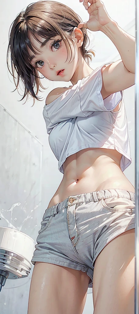 cute young woman . very cute , round face . alone , thin , Medium bust , short and small . Shiny skin . Pure white tube top t-shirt . shorts . dynamic poses . Dynamic angle . no background , white background , looking at the audience, pussy, Porn, bare