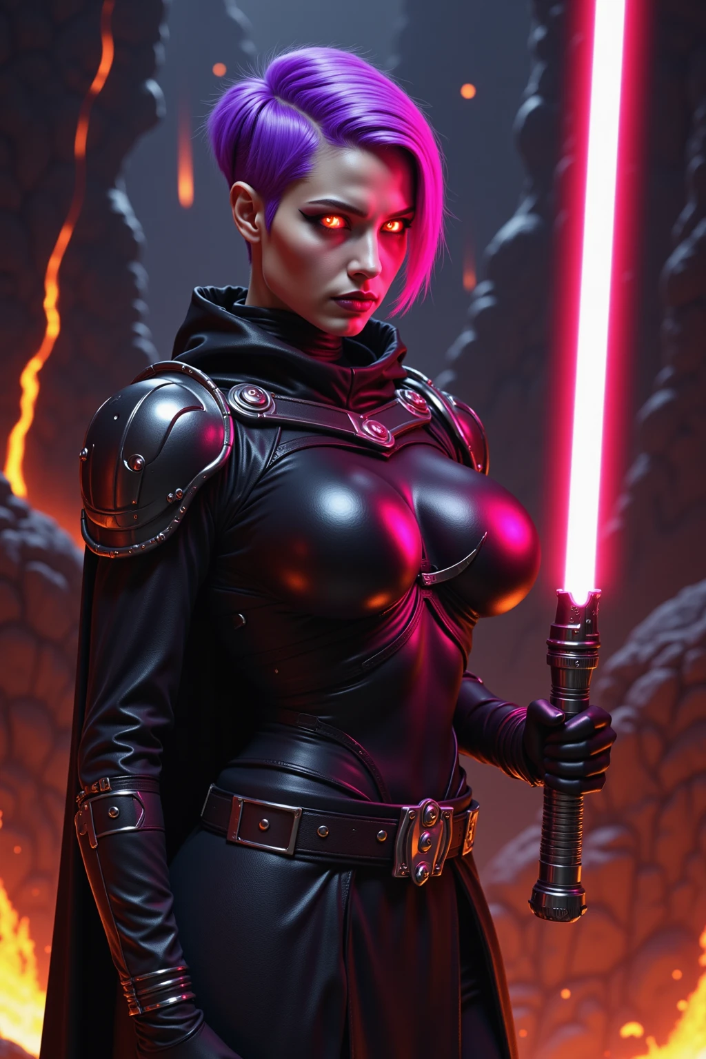 (masterpiece:1.2, best quality:1.2, beautiful, high quality, highres:1.1, aesthetic), detailed, extremely detailed, ambient soft lighting, 4K, perfect eyes, angular face, sharp features, large nose, perfect lighting, 1girl, action scene, lightsaber fighting, lasers, explosions, fire, motion lines, depth of field, masterpiece, best quality, high-definition, armor, busty, (asajj ventress), dual red lightsabers, evil space knight, space ninja, (wearing black robes, black stealth armor, breastplate, tunic, tabard, cowl, cloak, body glove, straps, buckles, skirts, long sleeves, fantasy, ((armor))), ((busty), slender body, thin, slim sexy body, slim waist, (((huge breasts, gigantic breasts)))), Imperial starship, Star Wars,