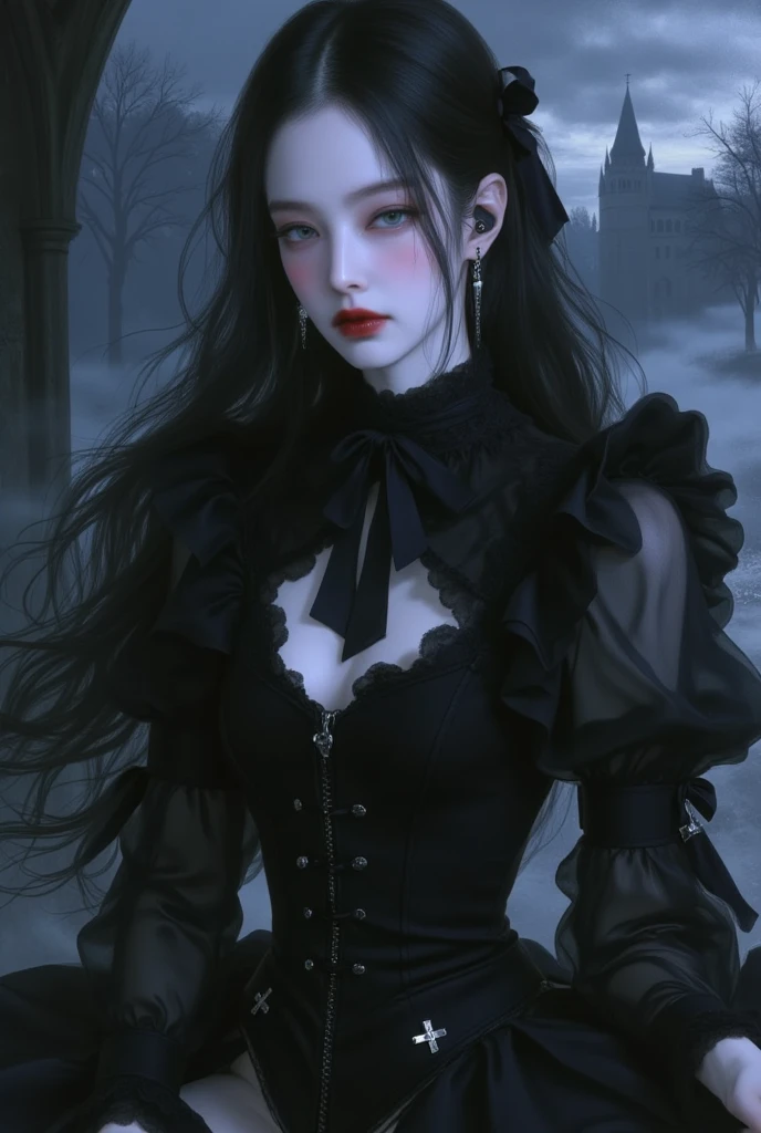 Create an awe-inspiring, exquisite masterpiece of an anime-style image featuring a demon woman with unendingly long, pitch-black hair, as dark as the deepest night. Her eyes, cold and empty as the void itself, are utterly black, like two black holes that pierce the very soul. She dons a Victorian-style dress imbued with a chilling dark aura, reflecting her macabre smile and foreboding presence. The dress is intricately detailed, with every stitch and fabric weave visible, exuding a sense of eerie elegance. The image is rendered in the highest resolution, showcasing photorealistic detail enhanced by 8