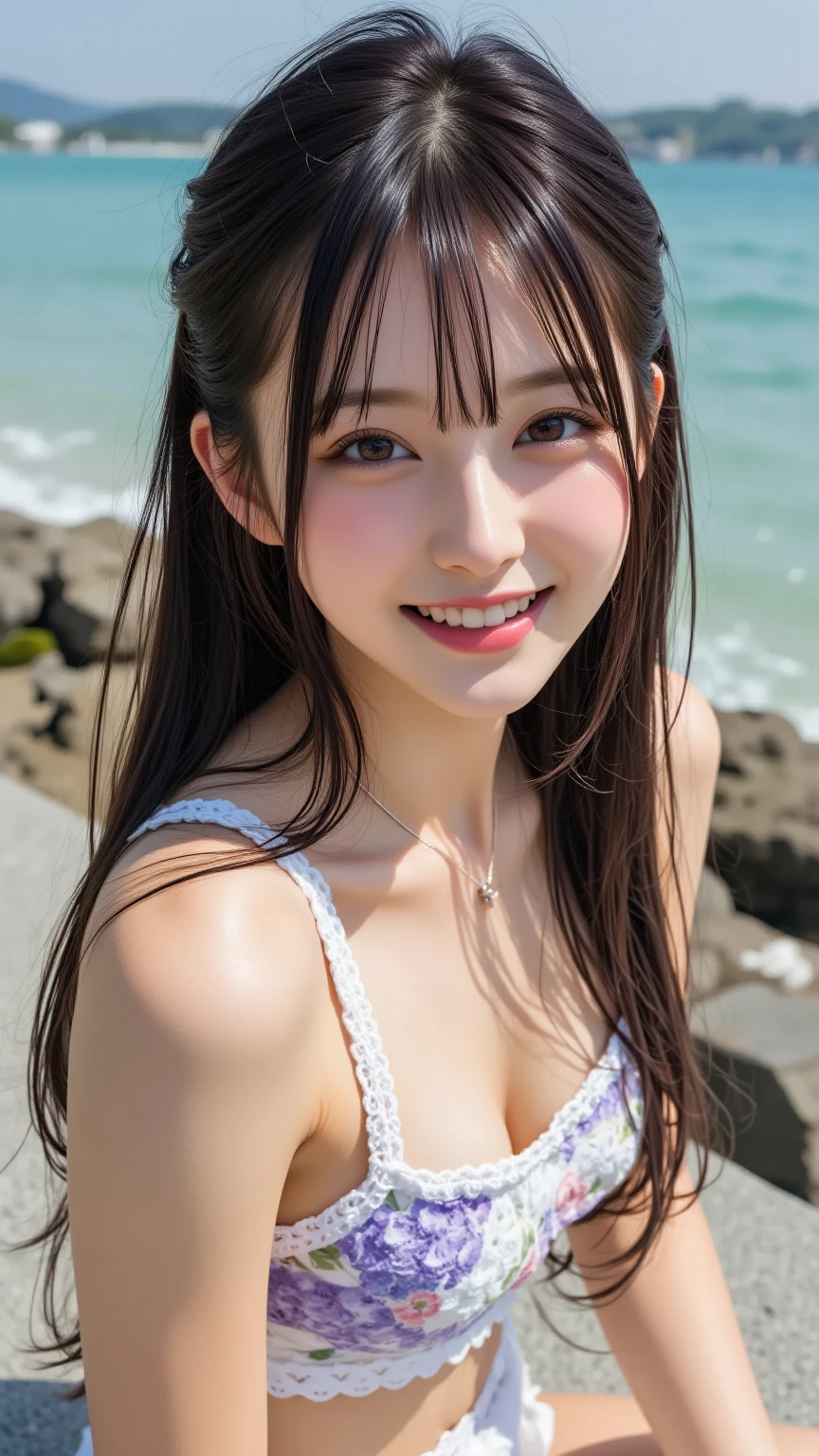 (Highest quality、Tabletop、8k、Best image quality)、1 female、(beautiful, Pure white skin:1.1)、Brown Hair、最もbeautiful笑顔が私を見ている、(Vivid and bright floral bikini:1.1)、beautiful sea、Shining bright sea、澄んだbeautiful sea、Very clear sea、beautiful Hiroshi々Sandy Beach、beautiful surf edge、beautiful sunny sky、beautiful cumulonimbus clouds、(very bright and vivid:1.7)、(Shiny skin:1.1)、(Ultra-high resolution, 明るくbeautiful肌:1.7)、Ultra-high resolution beautiful teeth、Ultra HD Hair、Ultra-high resolution sparkling eyes、Natural Makeup、Accentuate your body lines、(Very 明るくbeautiful肌:1.1)、(Big Breasts:1.4)、Slender body、(Perfect Anatomy:1.1)、Sculptural installation、(Close-up of face:1.4)
