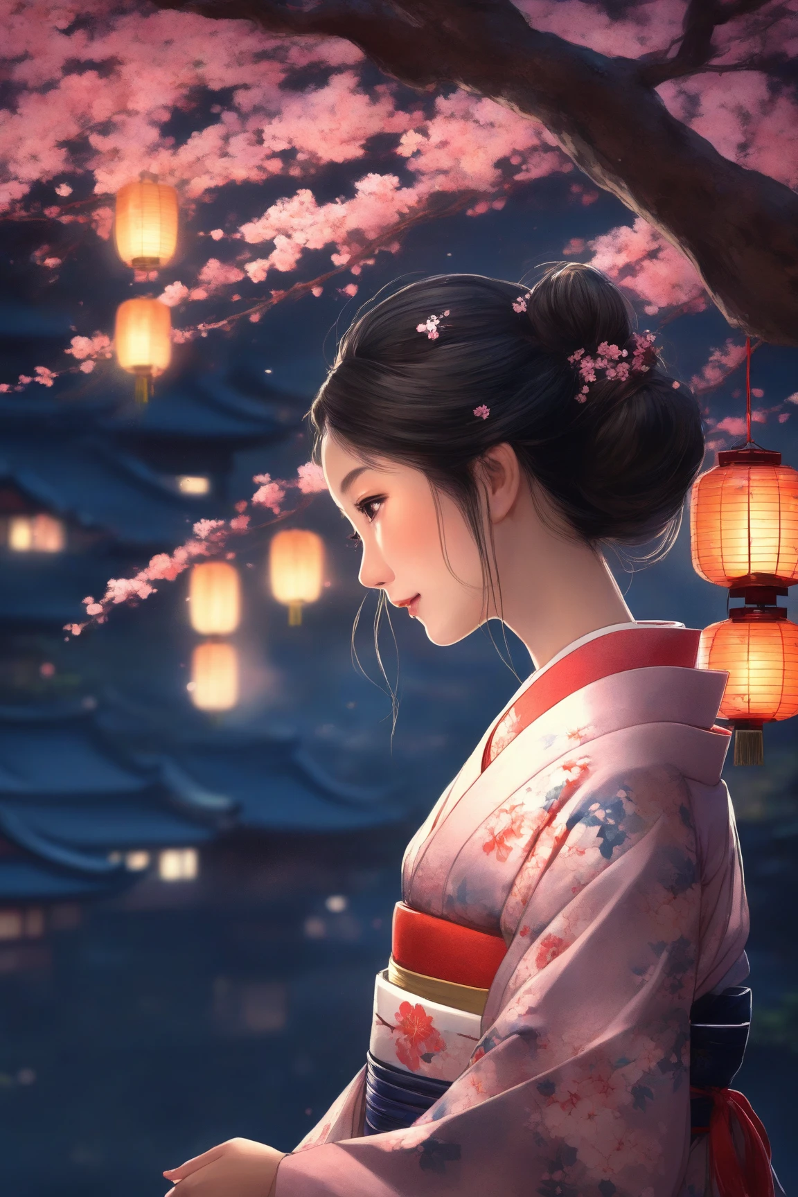portrait of girl in Hanfu, the background is a street of an ancient Chinese town, street market, ancient lamps. Dark, foggy rainy night. Illuminated only by old Chinese lamps. Realistic digital art, raytraicing. clothes, sunlight --auto --s2