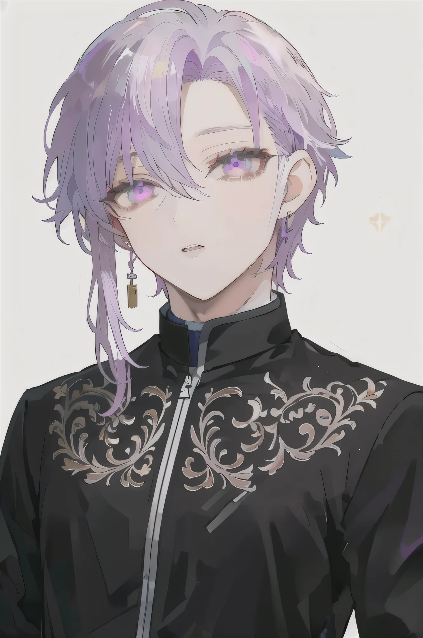 anime style image、purple eyes, purple eyes, light purple hair and a black jacket, Hajime Yatate, nagito komaeda, he is a man with dark gray hair, a man with light purple hair and a black jacket inspired by Okumura Togyu, danganronpa, kaworu nagisa, He has light purple hair, He has light purple hair狂人,  anime handsome man, male anime character