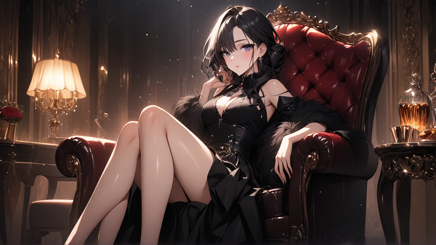 Black Bunny Girl Suit　Black fishnet stockings　garter belt　Soapland　Captivating look　Sexy Body　Clear Eyes　Round eyes　Sit in a luxurious chair　office lady　Japanese women　Manga illustration　Beautiful C Cup Breasts　the body is slim　Highest quality　4K Straight Hair　Reddish black hair　hair ornaments　necklace　Hotel Rooms　Night view　Simple Background　Seductive pose　Earrings　　Fine details　Beautiful anime illustrations　Beautiful Face　alone　High resolution, One Girl, Highest quality, Attention to detail, Bright Eyes, Medium Hair, High heels The room is generally blue in color..　The background is sparkly　Night viewが見える部屋　