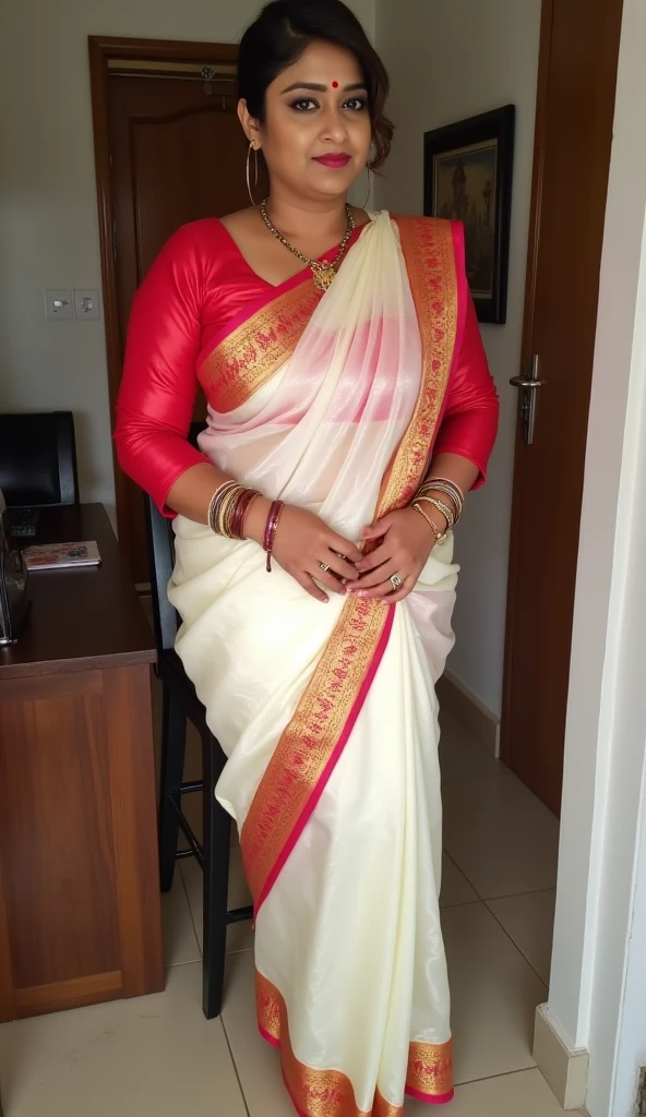 Photo taken from distance, wide shot, South Indian plus sized 2 bride wearing white saree wearing women sitting on a chair, in a office room