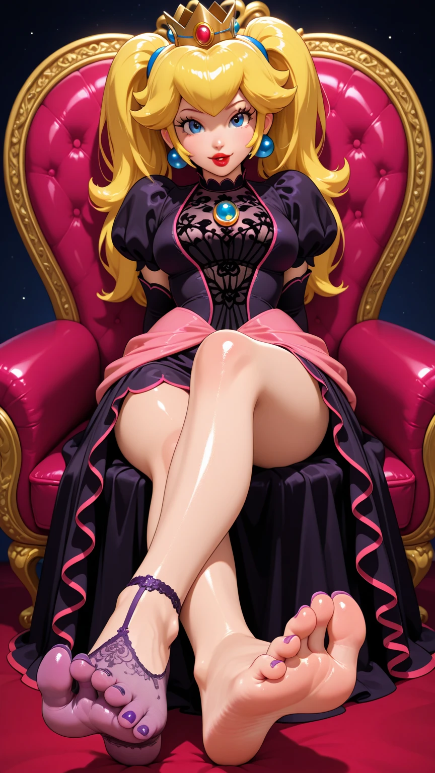 ((high detailed, best quality, 4k, masterpiece, hd:1.3)), ((best quality)), (((HD))), (((8k))), (ultraDH), (ultra HD), Snowy Forest background, snowflake pattern, frozen forest, a full-length shot of Princess Peach lying on the snow on the floor, in the winter mountain, neon blue eyes, BREAK blue eyes, seductive, attractive, shy_smile, smooth anime cg art, 36C_breasts, cleavage, long legs, vivid colors, detailed digital art, slim body, perfect skin, blonde hair, wet hair, BREAK crown, looking at viewer, BREAK looking at viewer, extremely detailed face, using a dress, pink dress, mini pink dress, sexy_mini_black_thong, sexy_mini_black_gstring_thong, earrings, gem, black high heels, high heels, dark black makeup lips, dark gothic eyeshadows, dark eyeshadows, black eyeshadows, black sexy lips, black lips, (dark:1.2), dark lips, very dark lips, (perfect_hands), (perfect_anatomy), black makeup, black medium lips, detailed_fingers, five_fingers_per_hand, 5_fingers, five_fingers, (1 girl), ((1 solo girl)), detailed_lips, detailed black lips, black painted lips, gothic painted lips, (off shoulder:1.1),
