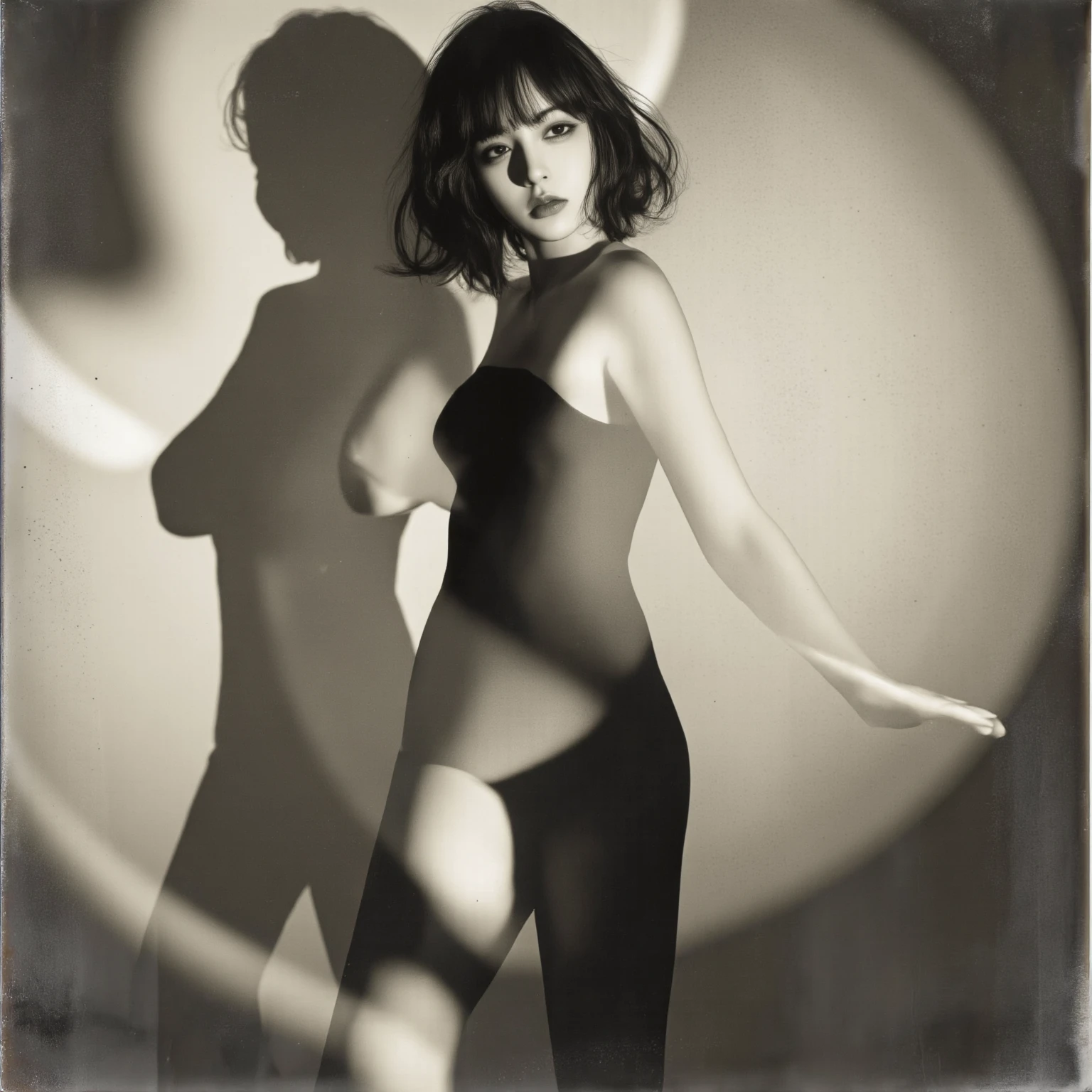 A woman who has a black blindfold and always wears a black and white dress, His hair has always been short and white., his body is tall, medium breasts, thighs and big butt.