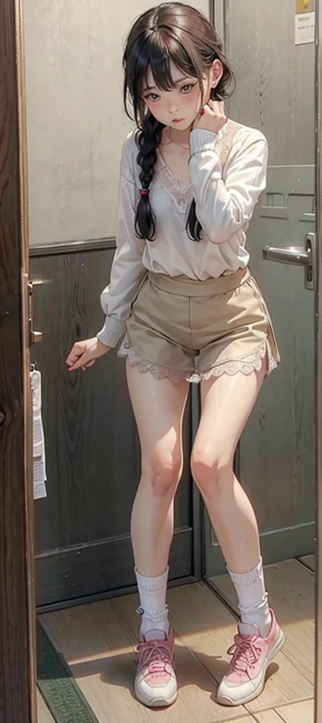 Bright room、Ultra-high resolution、RAW Photos、8K、Detailed skin type、Age 22 years old、(New Bride)、((smile))、((blunt bangs))、((hime_cut))、((Sunny kitchen))、Big Breasts、(White tight puff sleeve shirt)、Black Hair、(Delicate illustrations drawn in detail)、((Grey Skirt))、((Sit on a chair in the Kitchen))、((Skirt Lift))、((Spread your legs))、((detailed design panties))、((Printed panties))、(Wear socks)、