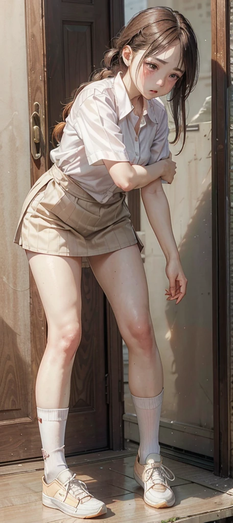 1womanl,12year old,Dark head hair,Beautiful ponytail hairstyle, (yellow high waist skirt:1.3),, (whiteshirt:1.3), (double-breasted,sideboobs:1.2), Short sleeves, buttonGap,moaning,small tits,Sweaty shirt,Thigh sweat,half squatting,My crotch is wet,lift up skirt,Mansuji,Pants are , embarrassed, blushing, cute, kawaii, lips apart, masturbation behavior, breathless, (((urinating))), (((slender legs))), (((virgin))), (((innocent))), (((backview)))
