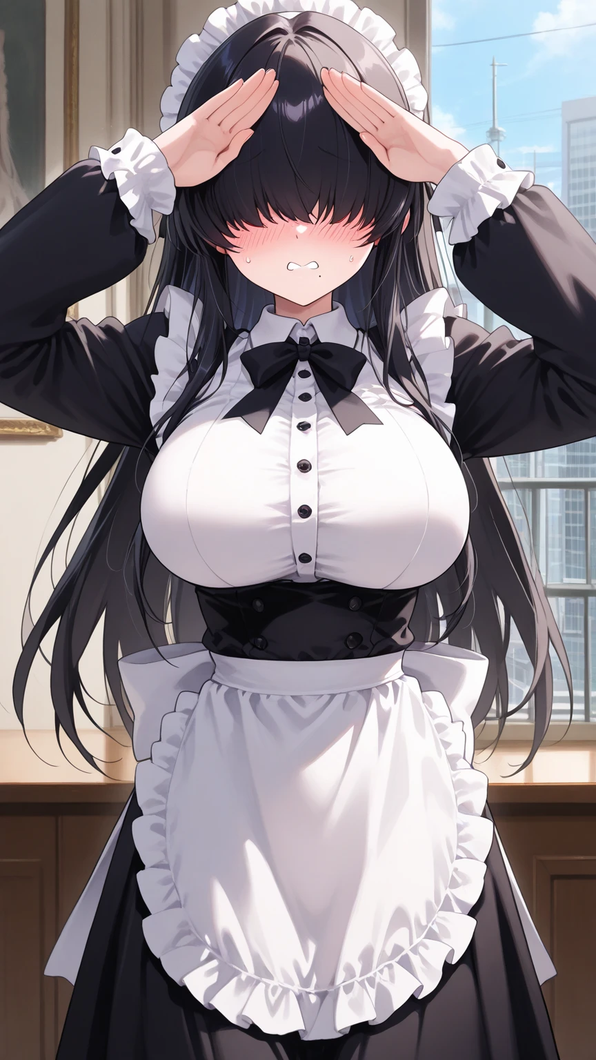 (masterpiece, highest quality, Absurd), One Woman,mature,Mature,Age 25,Black Hair, Straight long hair, Blunt bangs, Big Breasts, Tight waist, Purple eyes, petal, Blue tanned skin, indoor, Gunsmith,Assault rifle,Maid,Black Long Skirt,Maid headdress, Maid apron, Cowboy Shot, blush, A light smile, Tilt your head, bow
