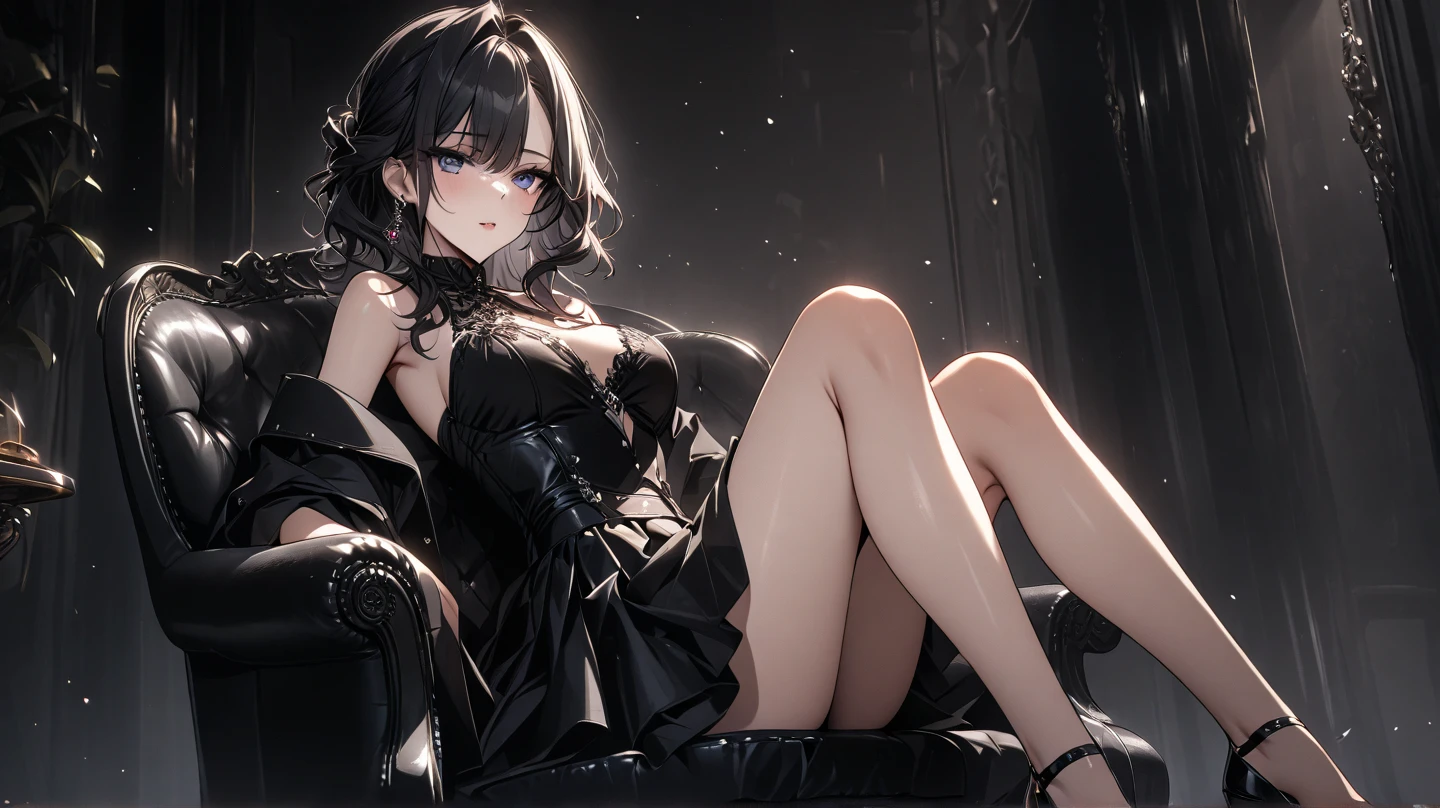 Realistic image, coherent image, detailed image, of 1 elf, in a nightgown. She has long black hair and a hairpin on her right side. Turquoise eyes with long eyelashes. Sensual expression. She has medium breasts, slim waist, wide hips, long legs and thick thighs. Her legs are raised. It is night with a starry sky. She is sitting in a hammock holding her hair in her hands. View from the front, view of breasts. Crouching down, arching her back, from the front, focus on , legs spread. Masterpiece of digital art, very detailed and coherent. complex, soft focus, dramatic shadows, ominous shadows, good lighting. ISO:100, F1.4, --quaility 2