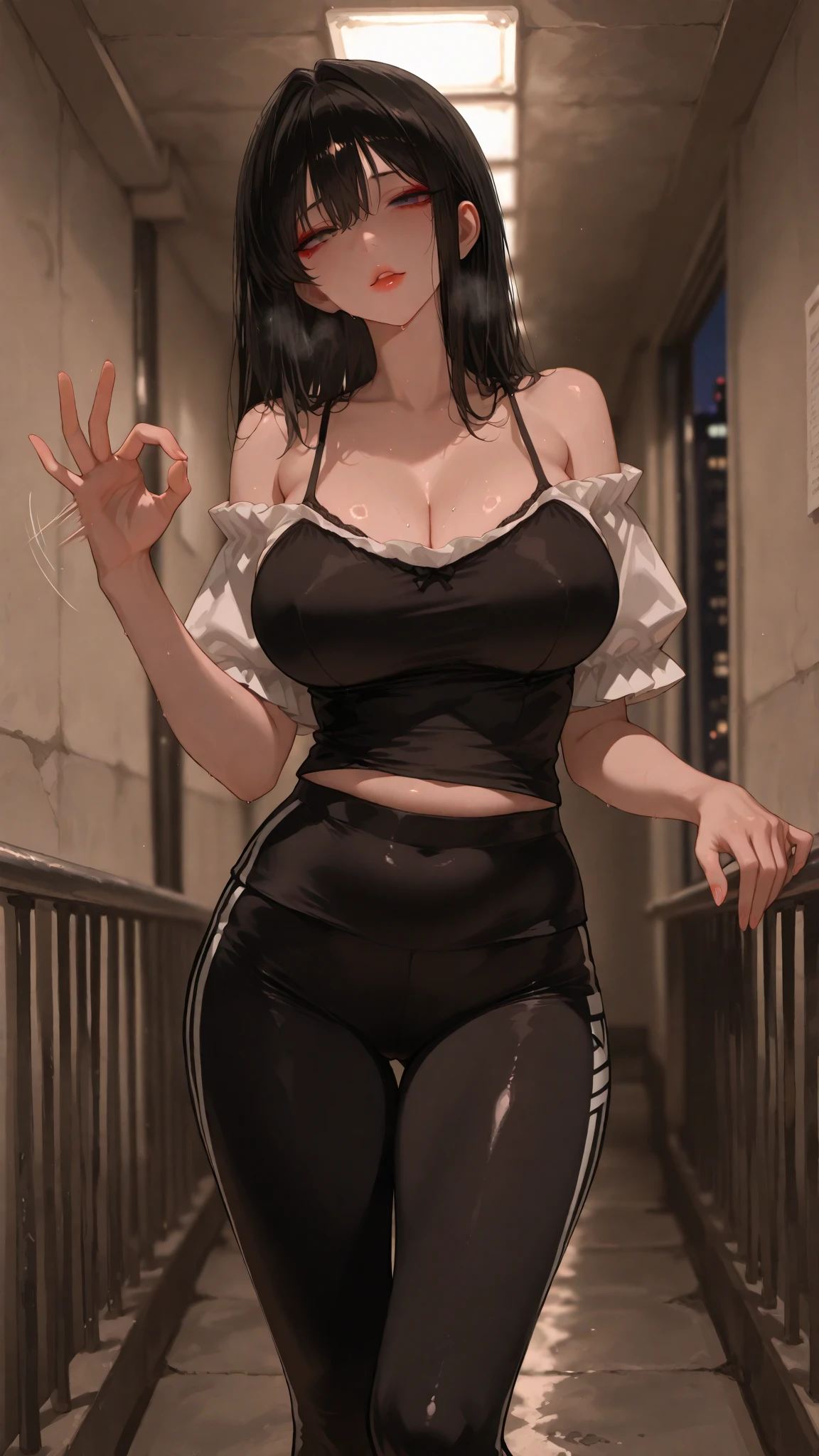 NSFW, Black haired mommy in revealing clothes with thick thighs, Full body view --s2
(Sensual, Seductive, Curvy:1), Black hair cascading down her shoulders, Revealing top showcasing ample cleavage, Tight, body-hugging miniskirt, Thick thighs bulging out, Legs spread apart, Hands on hips, Confident, Alluring pose.