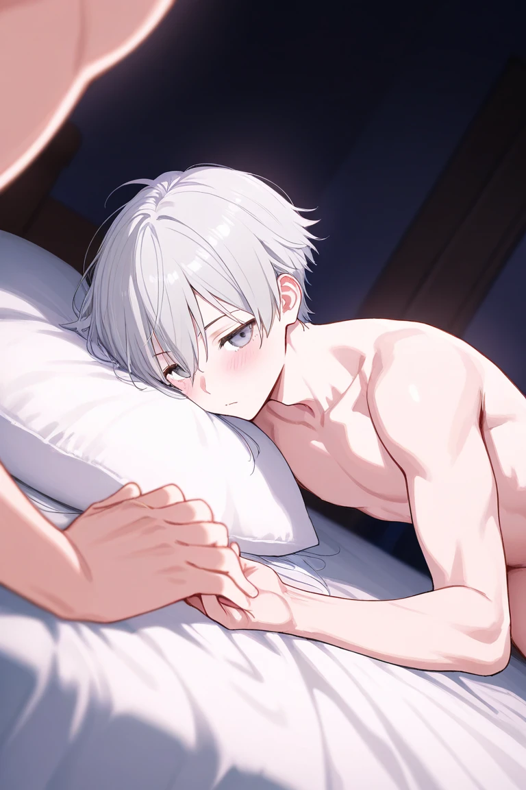 2boys,multiple boys,yaoi,anal, good-looking boy, handsome boy , cool boy, ikemen, long hair, silver hair, bule eyes, skinny,slender,emaciated,completely nude,ass,testicles,perineum,penis,spread legs,sweat,wet skin,shiny skin,orgasm,blush,happy,cum in ass,ejaculating while penetrated,missionary BREAK male focus,indoors,on bed,pillow,bed sheet,uncensored,condom wrapper,used condom,