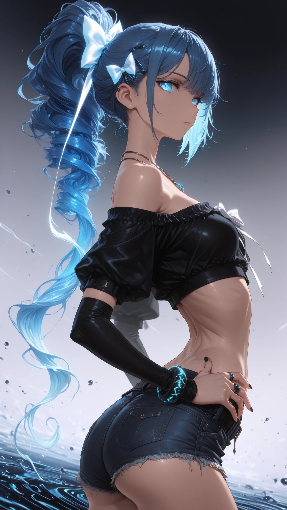 8K, Top Quality, Intricate Details, Ultra Detail, Ultra High Resolution, Masterpiece, close up shot, shot from behind, (Looking back), standing, Slender, Smile, blue hair, (Makeup: 0.4), (Fluffy red Eyes: 1.21), red eyes, 1girl, solo, 1 girl, (( full body)), close up shot, ((Blue hair, bangs, long hair)) , ((tall)), (((fit body))), (((slim face))), sharp face, )), (detailed face), sharp face, small lips, ass up , ,
((bra,panties )), detailed face, detailed breast, , large breast, huge breast, detail ass, Narrow Waist, Skinny, , Muscular, , Pointed Chest, detail ass,large ass , Beautiful girl , Bust Botox, Big, Perfect Body, detail leg, (( dark background)), black background,