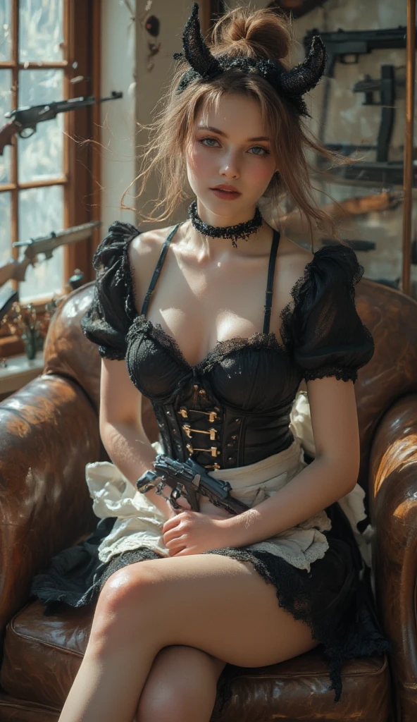 Galadriel kneeling on the floor, with a chain around her neck, chained to the wall, in a french maid dress with white lace trim, tight corset, dark glam goth makeup, sex slave kink collar, chain leash, chained, fishnets and heels, breasts pushed up, visible cleavage