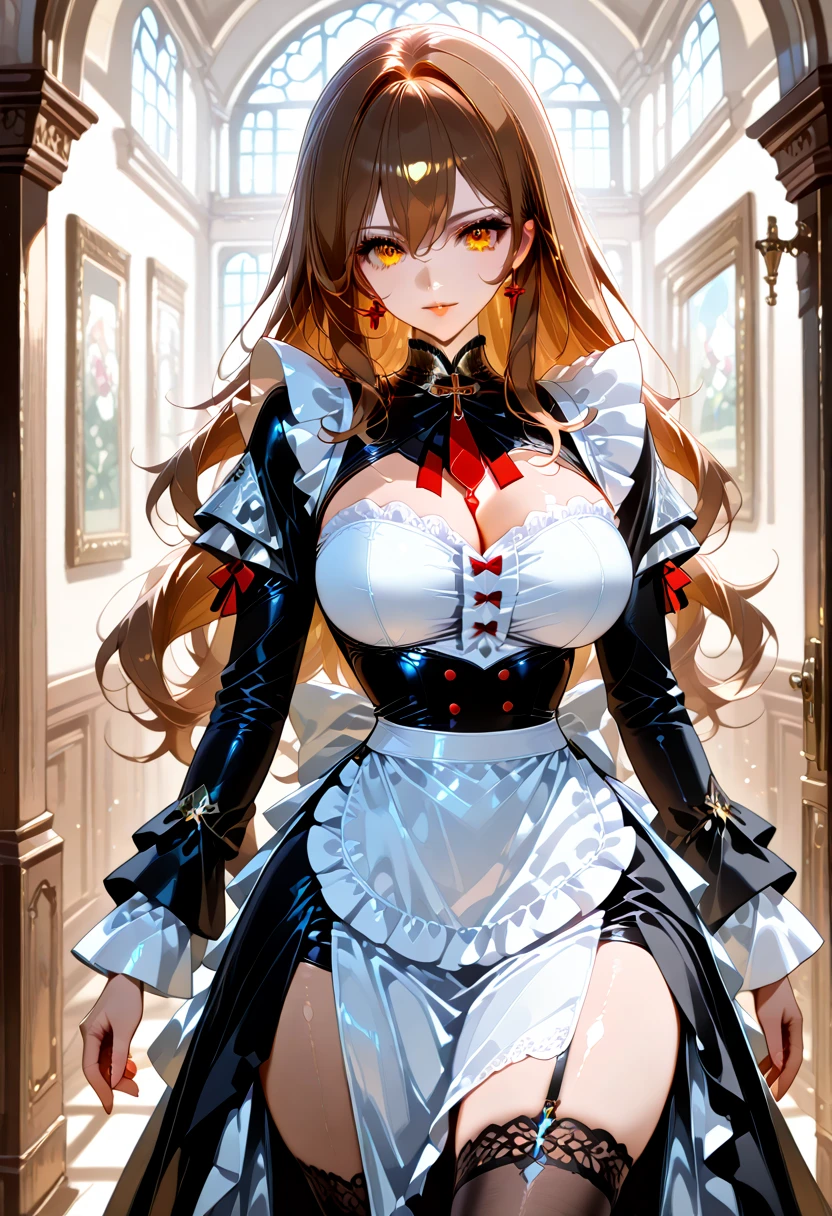 Striped hair, red hair, shiny hair, heart-shaped pupils, aqua eyes, fox ears, smile, anime style, anime, high detail, first person view, sony fe gm, 16k, high resolution, best quality, award-winning, high detail, high quality, super detail, textured skin, masterpiece, UHD, (((maid))), ((1 woman)), busty body, big breasts, huge ass, full body, hug, seduction