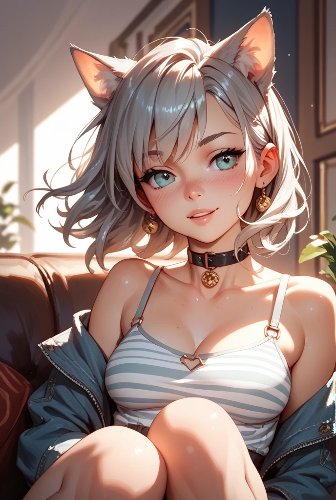 ((High resolution)) (Detailed) (masterpiece) beautiful elf woman, with small boobs, medium silver hair, green eyes, sitting on sofa, wearing transparent white tank top, body, small jeans shorts, indoors, soft lighting, plants in background, window with sunlight, cozy room, relaxed pose, intricate details, warm colors, smiling, hands down, shy smile
