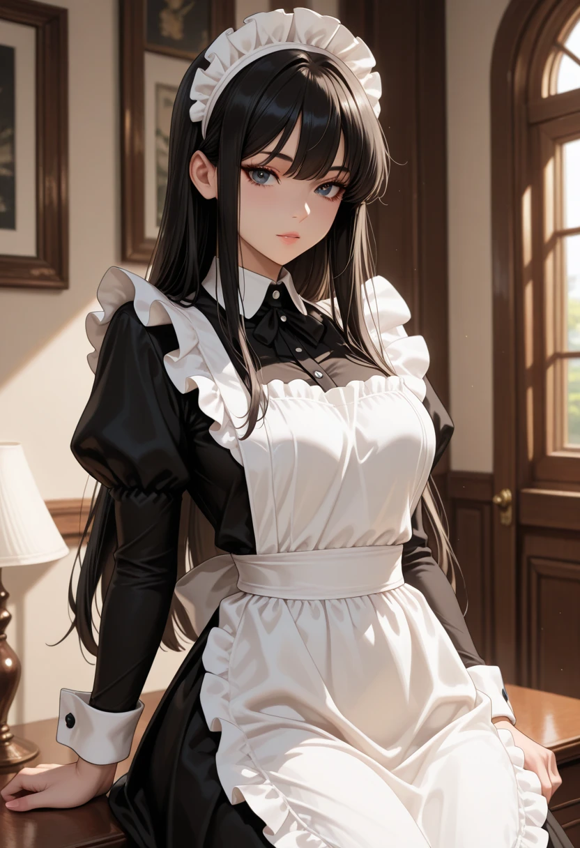 sexy girl in maid suit, , fit thin body, pantyhose, shy look, aesthetic, high detailed image, masterpiece