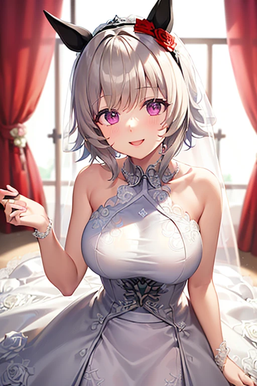 noelle (Genshin Impact),((Masterpiece)), (((Best quality))), ((Ultra-detailed)), ((illustration)), ((Disheveled hair)), ((frilld)), (1 girl), (Solo), Yellow-green eyes , Blush , Bob cut , bow , Clothing, Collar (clothes) , dress, Elbow gloves , Exposed shoulders, Female , flower , Silk gloves, Cross (symbol) hair pin , hair adornments , Holding , holding flower , view the viewer , Red bow, red line, Rose (flower) , Short hair, Smile , string, light yarn, Trailing wedding dress , White gloves , whaite hair, White hand ornaments,