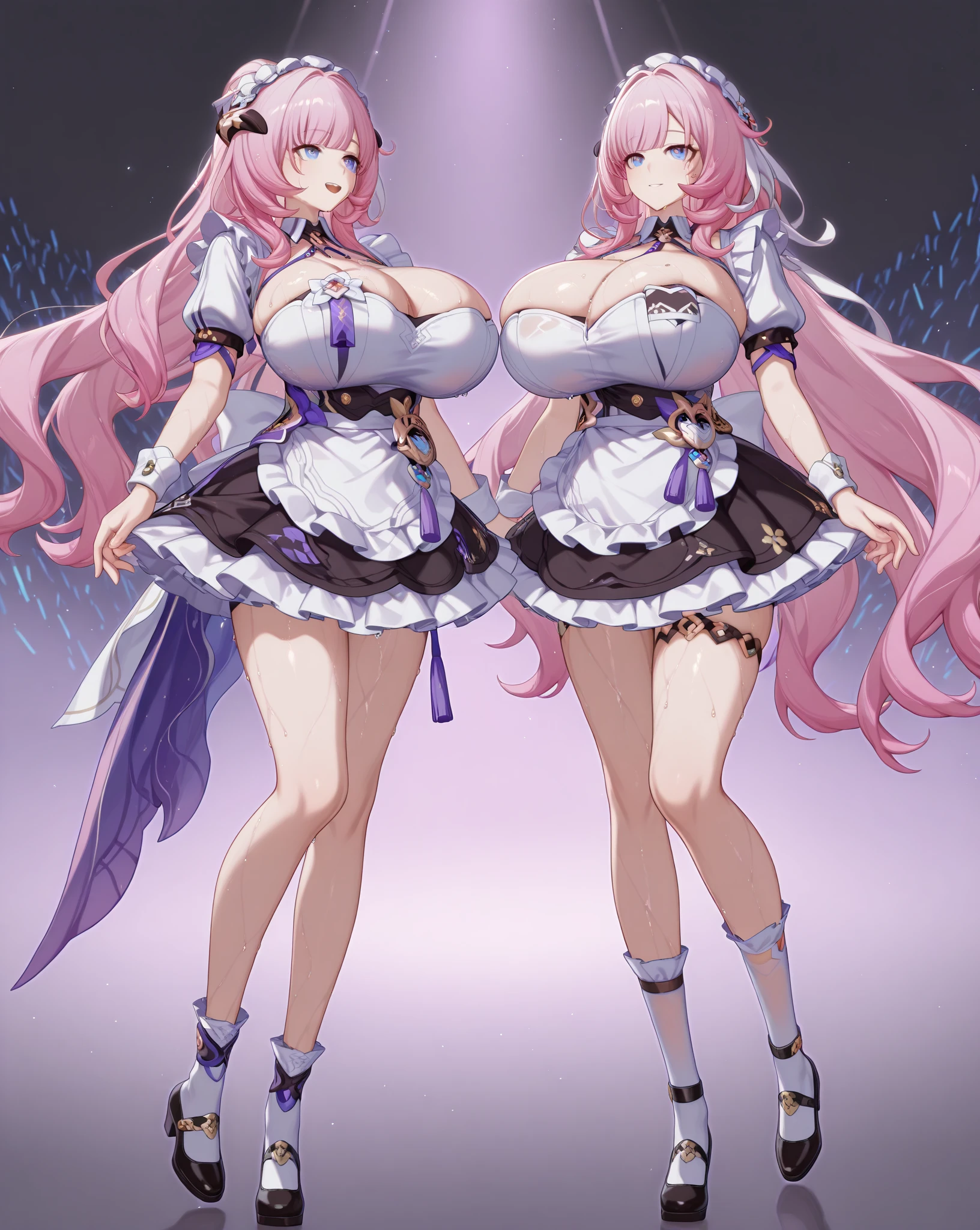 High detailed, 1 girl, solo, Violet long hair, blue eyes, busty, firm chunky body white shirt, , deep cleavage, Juliet sleeves, pencil skirt, black thighhighs, white gloves, tall, smiling