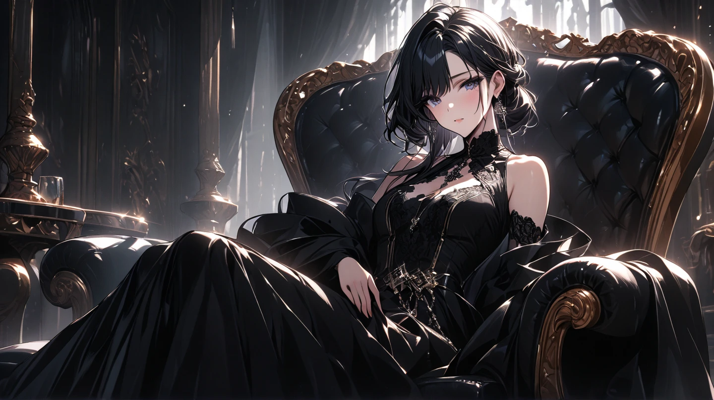 (Extreme quality, perfect image, perfect hands, expressive eyes) A girl sitting in an armchair, cross-legged, looking at the viewer (Dutch angle). She is wearing a rather elegant black dress; her breasts are small; her pale face looks mocking, with a mischievous smile. Her face is mature and soft. (Victorian mansion, soft light, shadows; cool tones). Short black hair