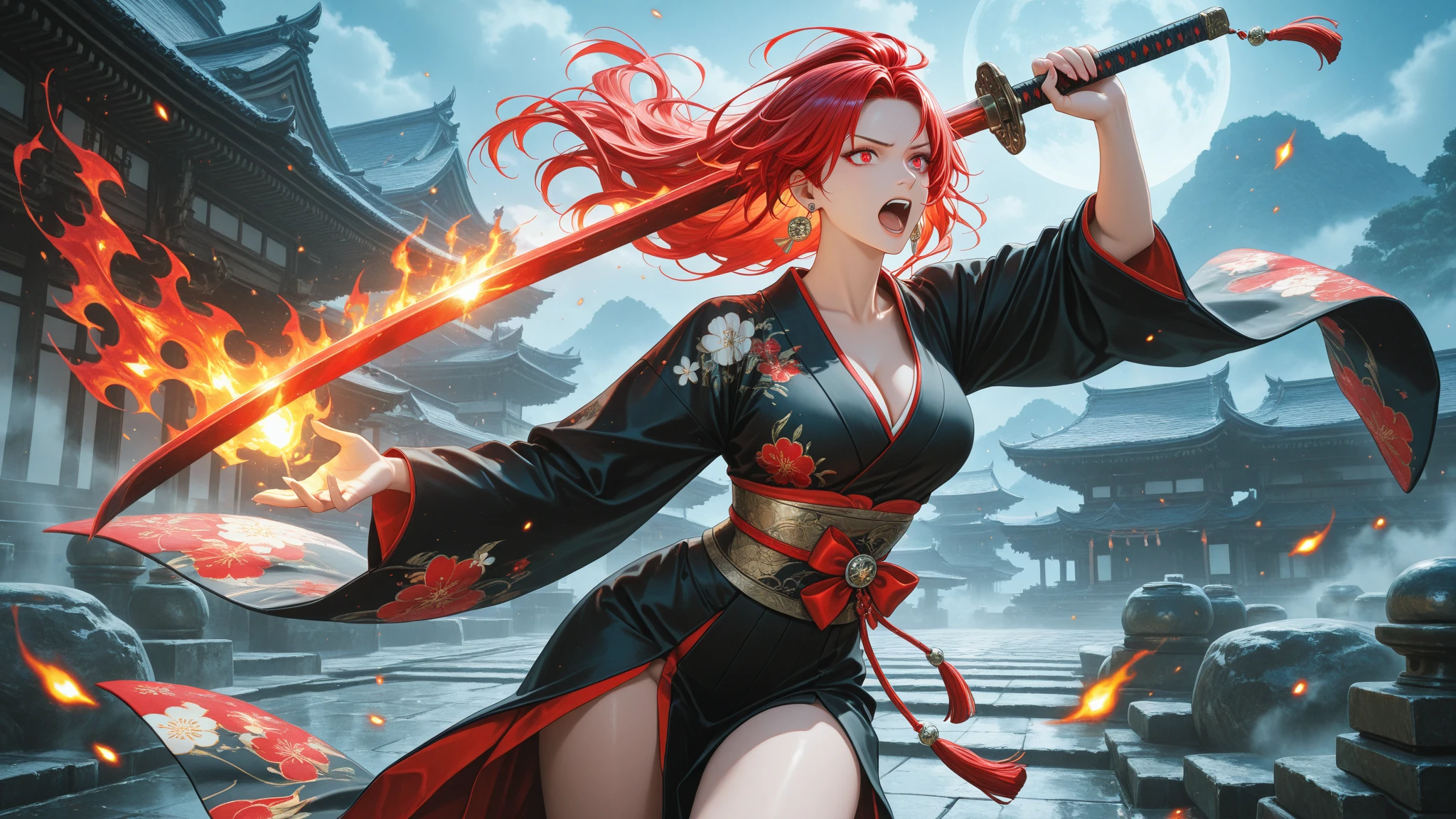 It is a full-body painting with natural colors in the ukiyo-e style. 1 red-haired girl is a Japanese samurai with a large body like a strong woman. Ele tem um rosto bonito, cabelo ruivo curto . She is a righteous samurai who fights evil. Ela usa um quimono vermelho. O hakama deve ser um pouco mais longo e desenhar em uma forma fluida que flutua com o vento. She holds a sword in her right hand with flames coming out of her sword from Japan. The background is a swirling flame in Katsushika Hokusai style. masterpiece high resolution ukiyo-e style, com a mais alta qualidade