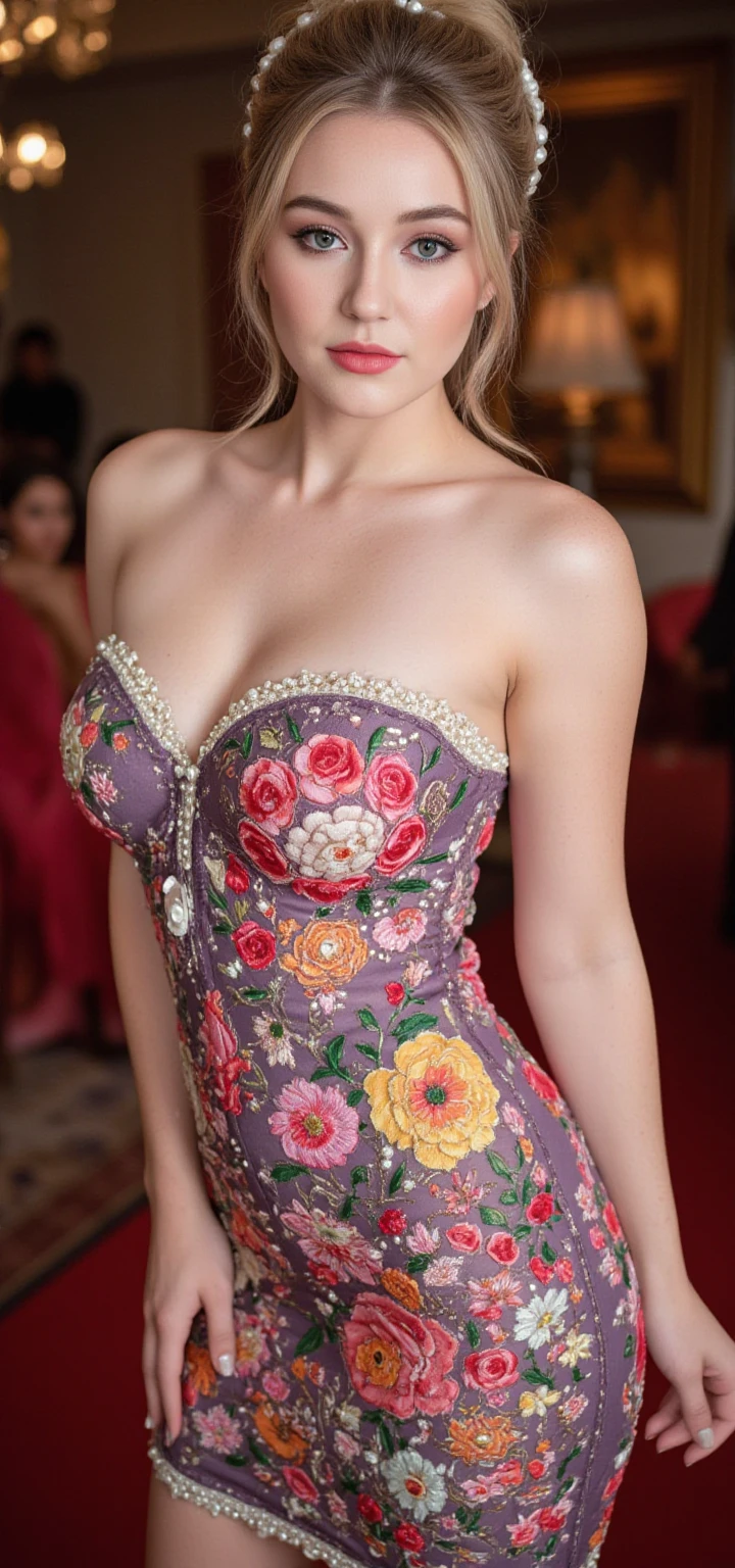 a beautiful girl, detailed body tattoos, wearing kebaya dress, beautiful detailed eyes, baby face, cute girl, big breasts, earrings, necklace, Javanese ornaments, photorealistic, 8k, masterpiece, highly detailed, digital painting, vibrant colors, dramatic lighting