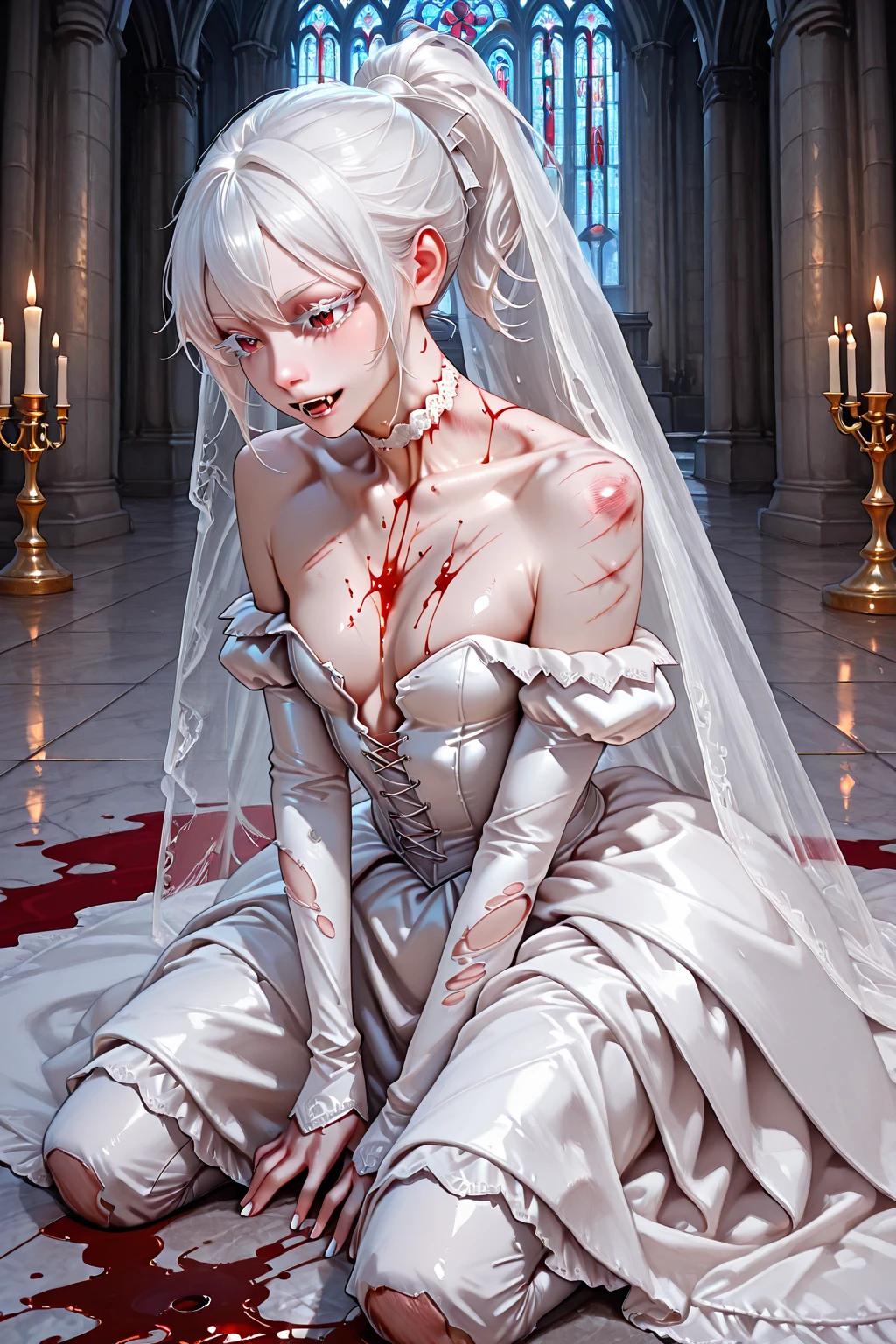 White short hair, Red eyes, small breast, long legs, dress, Yandere girl, blood on face, scary smile