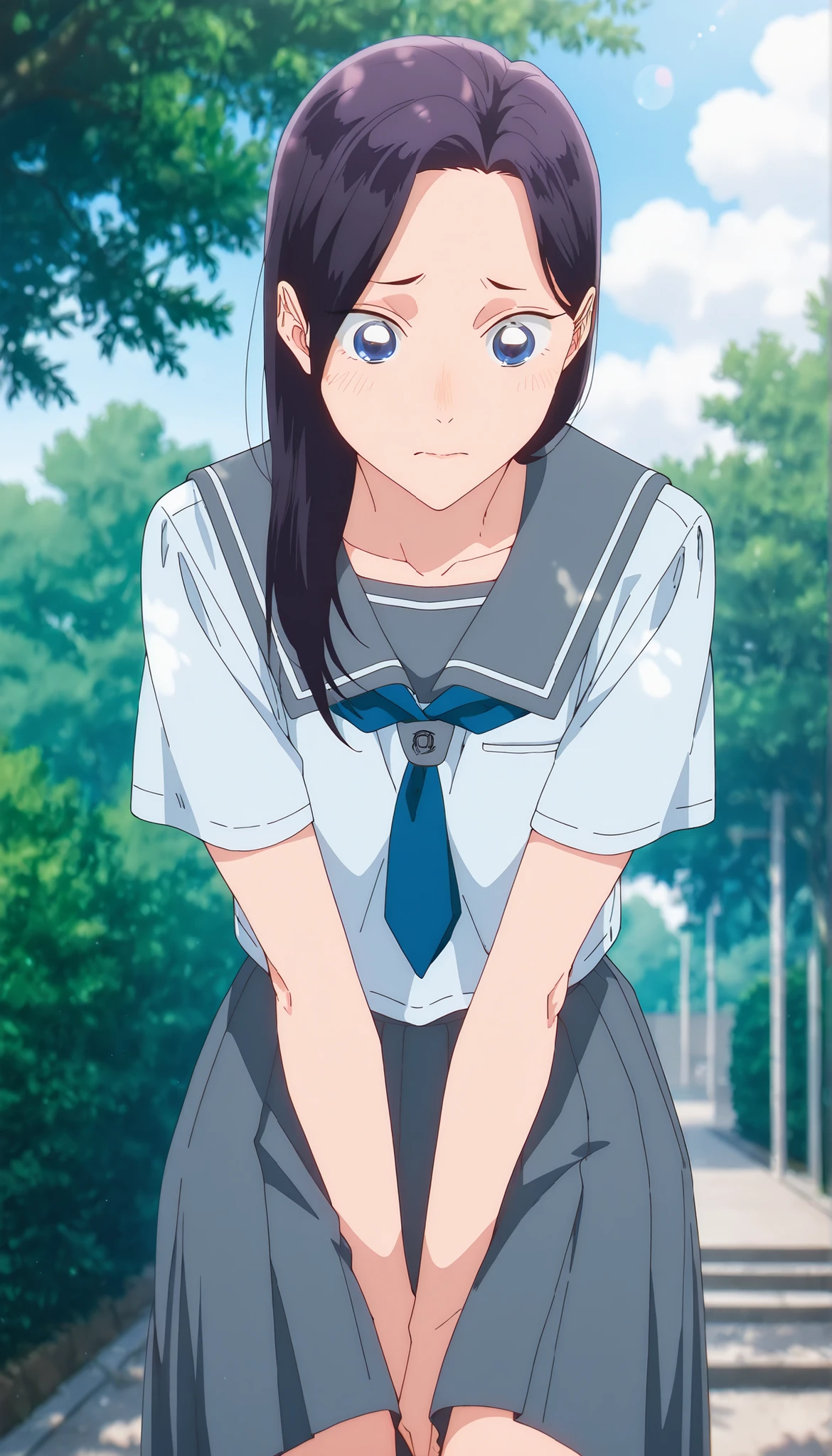 masterpiece, , absurdres, highres, detailed background, high resolution, masterpiece, necessary, detail, best quality, quality, necessary, details, High details, Precise, outdoors, from below:0.7,(dappled sunlight), day , lens flare , blurry background ,, ,
detailed, anime screencap , anime coloring , official style , , cowboy shot, (aged up), leaning forward, arms between legs,
Break, girl ,,tall girl, mature, <lora:karen_moriya:1>,long_hair, karen_moriya, blue_eyes, ,looking down, ,face_focus, ,wind lift, white lace panties, narrow panties, flat chest, seifuku, gray sailor, , pleated skirt, gray skirt, skirt ,closed mouth, panicking, light embarrassed,