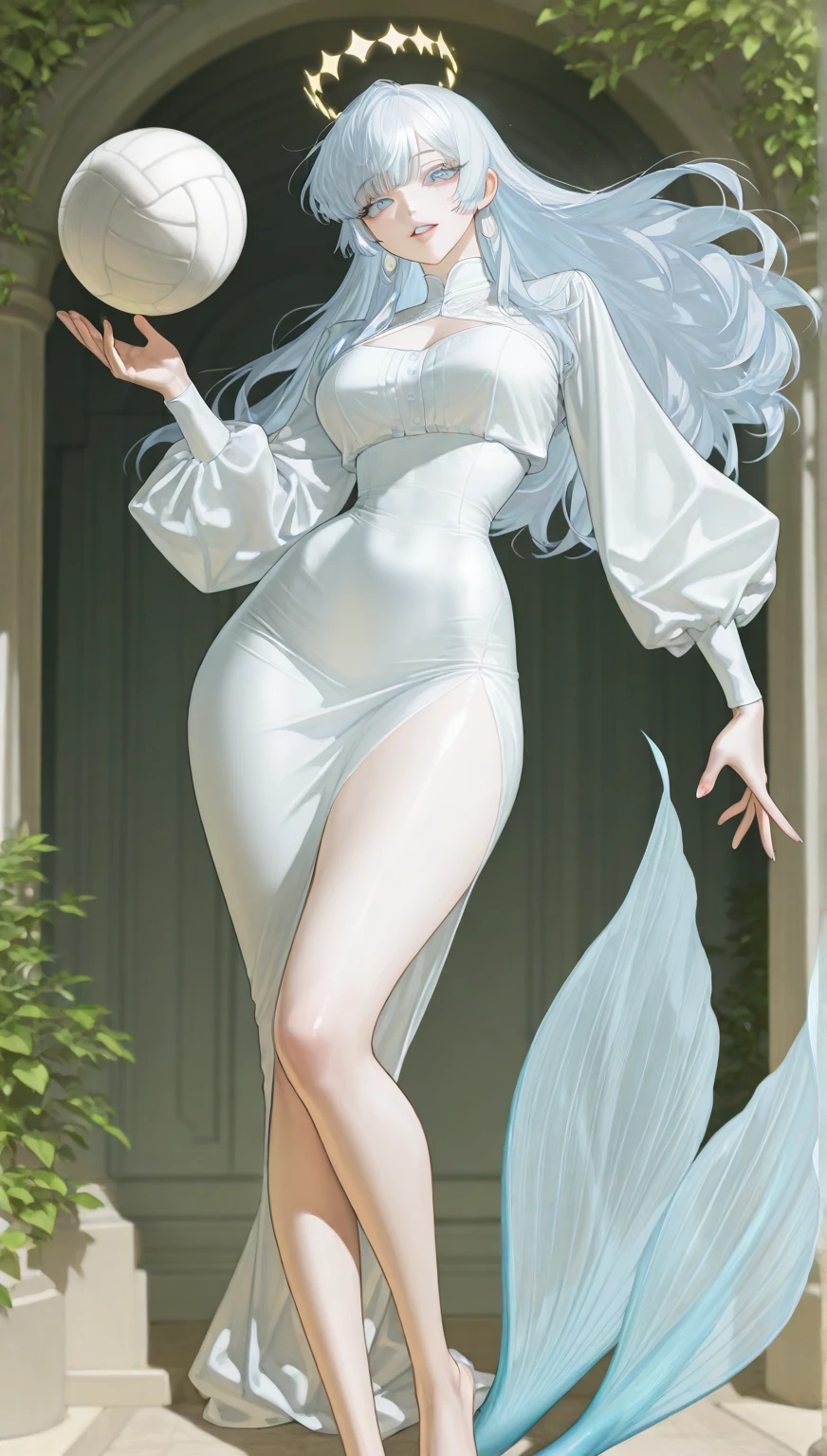 Master anime works，An impeccable masterpiece，8K picture quality: A mature noblewoman in cool sexy clothes standing on pure white background，Female boss，Flowing silver hair，Full-body standing，Slender legs，Straight breasts，Detailed facial details，Naturally beautiful standing，Vivid and authentic body details