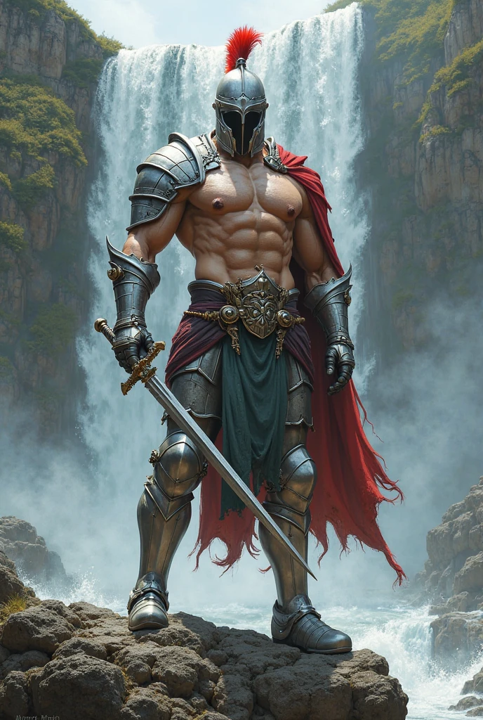 (((Spartacus the Gladiator, Armed with Armor and Sword))), nude, waistcoat, loincloth, ancient Roman amphitheater background, Arena, (((((bodybuilder))))), a cute guy, 25 years old handsome guy, smile, (((very muscular body, vascularity, veins))), upper-body portrait, upper-body Image, real man, abnormally developed muscles, ((color Image)) masterpiece, best quality, high resolution