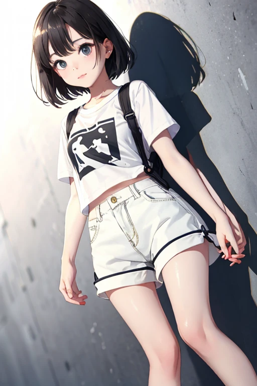 anime style, (1girl in, Solo:1.0), (Haibara Ai), ((Short pants)), (((Big eyes))), (Cute anime girl head), (flat chest),looking at viewer,With a height of 100cm, shoot from front, (head shot), Simple line minimalism, Abstract Art, City background, anime opening movie