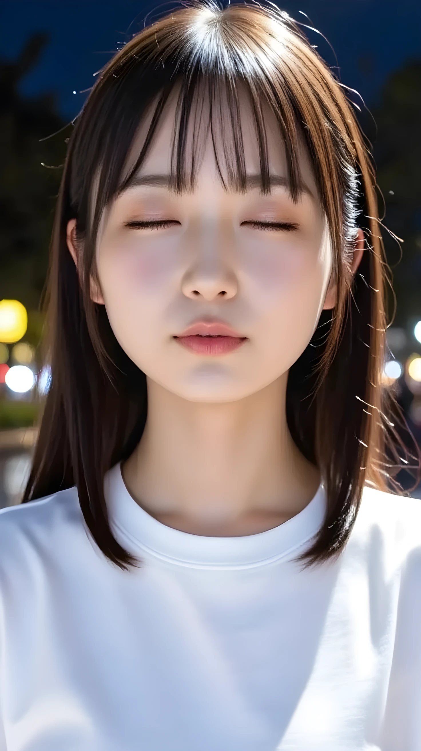(Close eyes):2.0, (Open mouth):1.5 Real、8yk、Raw photo、(masuter piece)、(top-quality)、Hi-Res、((Looking Up))(girl with)、(realisitic、Photorealsitic:1.2), Upper body、Sleeveless、skinny、14years、small tits、Eyes closed、Deep sadness、Sorrow、look up sky、Open mouth、screeming、Trem lotado、Background ,rooftop