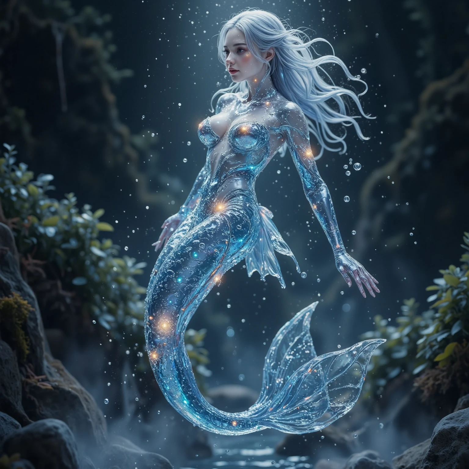 Sea of night,(number々Award-winning masterpiece, Incredible detail, Texture and maximum detail), Beautiful scales、Big ample breasts、Slim waist、blue eyes、(Full Body View:1.5), (Ultra-realistic:1.4), (Realistic:1.3), (Highest quality real texture skins), (((Underwater))), (deep sea:1.5), (Perfectly symmetrical beautiful eyes), Detailed painted face, ((The medieval world)), (Full Body View:1.5), ((Mermaid)), ((The Little Mermaid)), ((Mermaid aristocracy)), (Illuminates your eyes like ice), (She has a mischievous smile),  Coral Reef, A school of glowing squid, Shining, majestic water and light, (Beautiful blue eyes:1.5),  (Full Body View:1.5), (Swirling water flow and background stream), (Dramatic Light), (A magnificent sight), (Her face is kind and beautiful), Diamond earrings in the ears, (Dramatic Photos:1.4), ((Dramatic Pose)), (Flashy photos), (Long golden hair), (Full Body View:1.5),  ((Look down)), (Around her neck is a simple, well-crafted necklace.), (Bioluminescence with a brilliant glow:1.3), (Use Fancy Hydro Magic:1.2), (Beautiful fish around), (Full Body View:1.5), Epic Realistic, Faded, Art Book, (Greg Rutkowski:0.8), (blue green and orange:0.4), (Art Station:1.5), Cinematic, ((Neutral Color)), (Hmph:1.5), (Calm colors:1.2), Super detailed, Dramatic Light, (Intricate details:1.1), Complex background,A gorgeous tiara on her head、