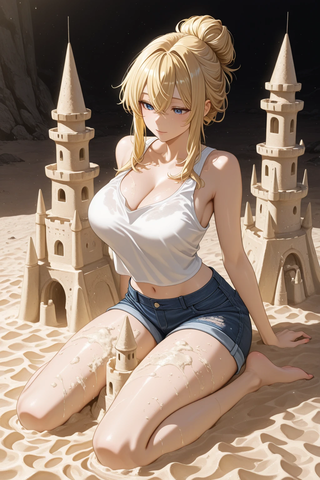 (masterpiece, best quality), photorealistic, cinematic, anime girl, (in Pastel-colored romper with ruffled details and ankle boots:1.2), seaside, 1 girl, blonde hair, ((messy Low Ponytail:1.5)), full-body shot, head to toe visibility, perfect anatomy, curvaceous body, alluring, long round legs, medium-sized chest, perfect eyes, perfect hands, leaning against a piece of driftwood or a beach rock, one leg crossed in front of the other, creating a relaxed yet alluring pose, the model's body language should reflect a mix of confidence and comfort, a playful and carefree expression, as if caught in a candid moment of enjoyment, the model's gaze can be slightly distant, adding a touch of whimsy to the shot, extremely detailed Artgem, ig model, artgem, alena aenami and artgem, krenz cushart and artgem, artgem and atey ghailan