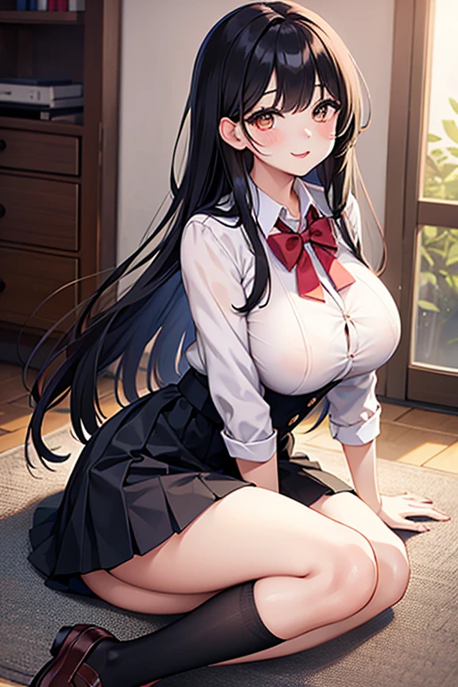 masterpiece, One girl, JK uniform blouse pleated skirt brown hair girl, Long Hair, The body is slim, Pink eyes, Baby Face, Beautiful breasts, Round Breasts, Long sleeve, Beautiful Eyes, Black knee-high socks skirt, Bedroom M-legged pussy legs spread horny tongue licking slanted eyes topless big tits love juice