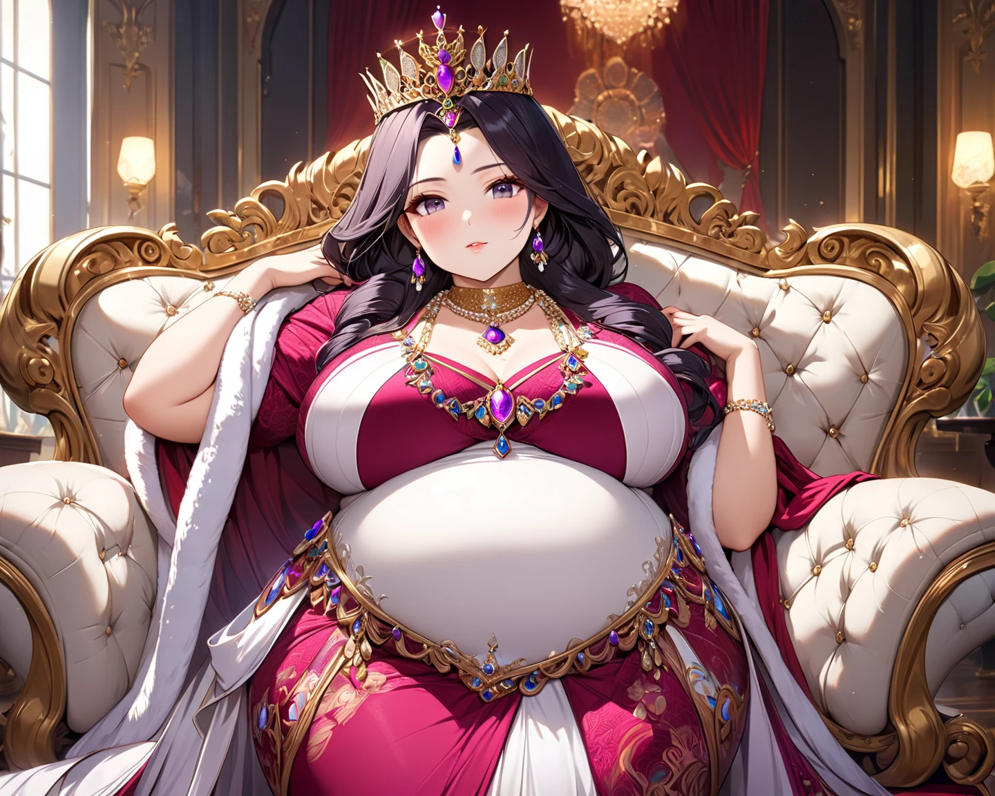 ((anime artstyle)),(Masterpiece),(Best Quality), (Super Detail),((Very Delicate and Beautiful)),Focus on character,Dynamic Angle,Looking at viewer,((Solo)),standing,(((full body))),(((one evil pregnant princess in gorgeous ball gown with voluminous skirt))),detailed face and eyes,((heavily pregnant)),((clenched teeth,blush)),embarrassed,jewel-like eyes,((Very Long voluminous Hair)),gorgeous embroidery and lace,See-through,ornate ruffles,Gorgeous jewelry ornaments,luxury hair ornament,luxury and evil tiara with jewels,(gigantic breasts,Long breasts),full body,(((evil and dark atmosphere))),full body,heavily pregnant,(inside of prison),jeweled evil ball gown,(((gorgeous ball gown with voluminous skirt)))