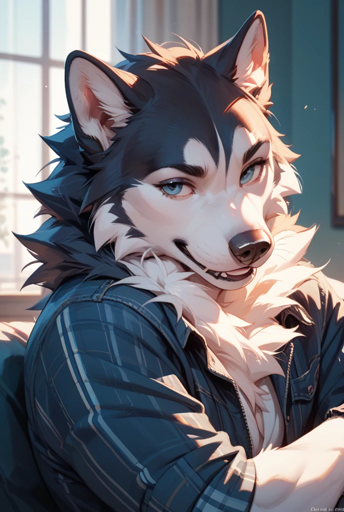 uploaded the e621, beautiful and detailed portrait of a man (((Male))) anthro timberwolf, kenket, Ross Tran, ruan jia, zaush, foxovh, lighting zenematic, seductor, wolf, full body, blue eyes, bedroom, alone, submissive, lying on bed, facing camera, sweating, in heat, lust, trembling, open mouth, tongue sticking, invitation, (heart-shaped pupils), sexy, seductive, fall in love boy, black leather jacket, red collar, blue jeans, wolf tail