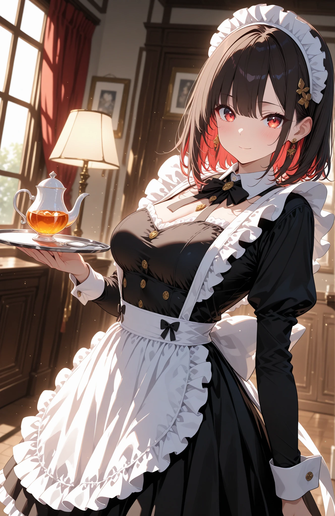 One Woman、beautiful girl、Maid、20-year-old、Bobcut、Western-style building、Maidの制服、Maidカチューシャ、Short skirt、Black Pantyhose、Highest quality, smile,Big Breasts、Very big 、Boob Tray、Poses that emphasize the breasts、Put your breasts on the tray、Bust up angle
