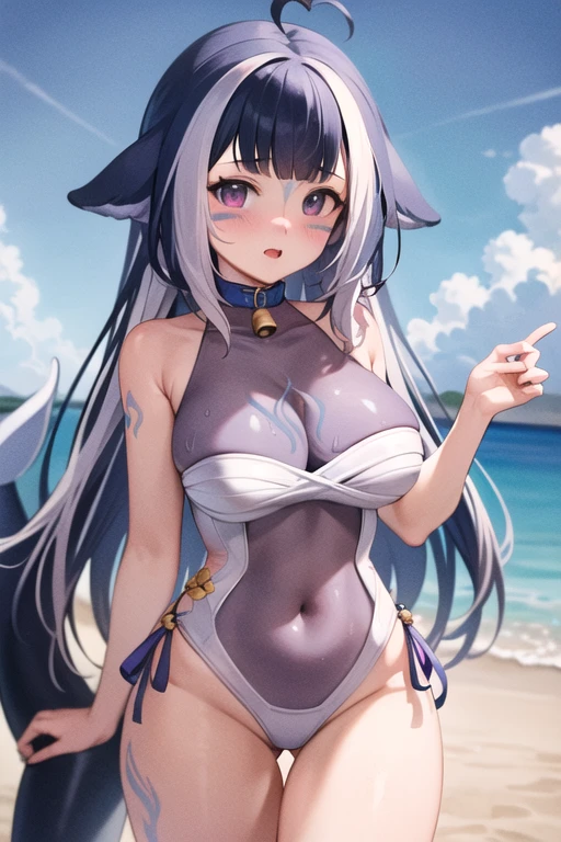 uploaded on e621,((Fumiko, I'm Fujimoto, Author: TeamLab, Mikko Lagerstedt,Author: Silverfox5213)),SFW,ciberpunk, (hi res), ((Masterpiece)), ((Best Quality)),(chibi:0.3) , kemono, Furry, Wolf, animal ears, Body fur, 1women, 独奏, ((Short blue hair)), *//*, brown eye, *//*, looking a viewer, Smile, The Wolf Girl, (((woman's))), ((small breasts)), young adult, ,Red shading, Beach, day light, Toned body, Choker, cute pose, ((bikinis)), (Detailed background, Depth of field, half body shadow, Sunlight, ambient light on the body), (Intricate:0.1), (high detail:1.3), (Unreal engine:0.5), (soft focus:0.2), ,((Half-length portrait, three-quarter view,Cowboy shot)), Fluffy anthropomorphic wolf, Fluffy wolf nose, wolf tail, ((light gray fur)), (perspective)